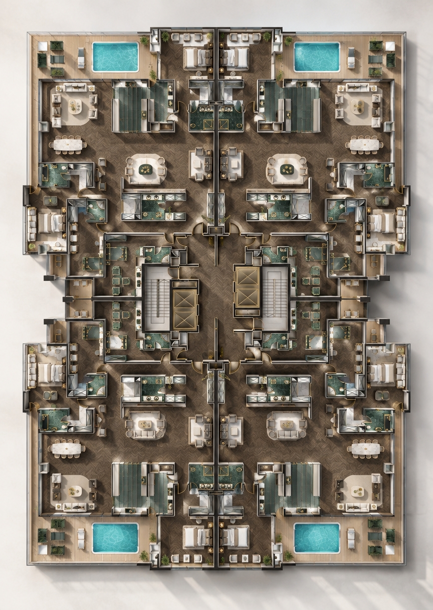 An incredibly lifelike, richly detailed, photorealistic top-down architectural photograph of a sprawling luxury hotel floor set in an elite high-rise resort. The scene is illuminated by radiant natural daylight flooding in from expansive perimeter balconies, casting soft, elegant shadows across rich finishes and creating an opulent, tranquil Art Deco Glamour atmosphere. Captured with an overhead medium-format architectural lens, emphasizing the fine grain of dark herringbone hardwood flooring, polished emerald-and-white geometric marble in the en-suite bathrooms, and the shimmering turquoise clarity of private terrace plunge pools. Each symmetrically arranged suite boasts curved velvet furnishings, sleek brass-inlaid dining sets, and plush low-profile beds with crisp linen dressing, while outdoor teak decks feature pristine sun loungers framing the vibrant pools. Crisp, clean lines delineate every corridor, elevator core, and open-concept living space, presenting a masterclass in modern Art Deco sophistication captured with breathtaking clarity and spatial depth.
