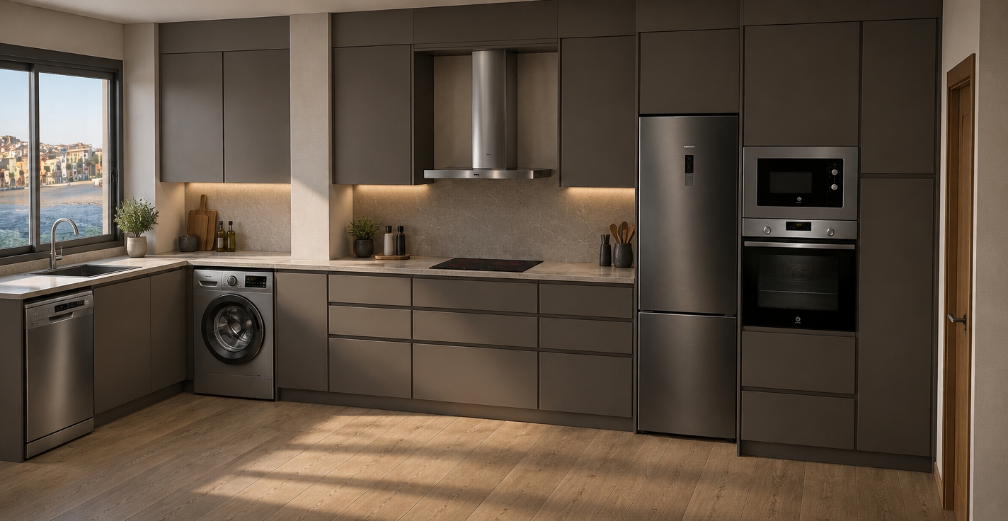 A photorealistic interior photograph of this exact kitchen layout and perspective, captured with a darker, moody ambiance using a 35mm architectural lens. The smooth matte cabinetry and surfaces are shifted to a richer, noticeably deeper and darker tone, preserving all fine textures, wood grain, and countertop veining. Soft, directional daylight spills through the left window with subtle falloff, casting gentle, deep natural shadows across the floor and under-cabinet areas. Metallic finishes on the stainless steel dishwasher, vent hood, and built-in appliances feature realistic brushed reflections and faint micro-reflections, while the ceramic cooktop and oven glass show realistic dark specular highlights, captured with subtle film grain and natural depth of field.