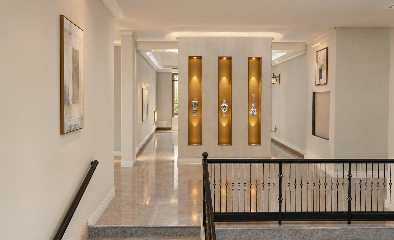 An incredibly lifelike, richly detailed, photorealistic interior perspective of a sophisticated foyer and exhibition corridor set in a modern estate during a bright spring midday. The scene is illuminated by soft, natural light filtering through hidden clerestories, creating a calm, gallery-like atmosphere. Captured with a 35mm lens, emphasizing the crisp contrast between the matte pearl-toned walls and the reflective, warm-gold alcoves that house the porcelain collection.

The space radiates contemporary elegance, characterized by its clean lines and an airy, balanced floor plan. A central partition wall, finished in a subtle, textured champagne lacquer, serves as the architectural focal point, punctuated by three recessed, vertically oriented display niches that glow with integrated, warm LED accent lighting. The flooring consists of polished light-gray stone, which casts gentle reflections of the surrounding curated decor. To the right, a wrought-iron railing with delicate, slim metal flourishes provides a refined edge to the upper landing, overlooking the lower levels. The walls are adorned with minimalist, abstract art pieces that echo the muted color palette of warm whites and soft grays, contributing to a sense of understated luxury and deliberate, quiet harmony.