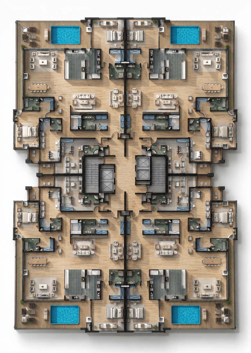 An incredibly lifelike, richly detailed, photorealistic top-down architectural photograph of a symmetrical multi-unit luxury hotel floor set in an upscale urban development with an industrial loft aesthetic. The scene is illuminated by crisp, diffused midday natural sunlight streaming in from expansive perimeter balconies, creating an airy, sophisticated atmosphere with soft, realistic interior shadows tracing across the furniture and dividing walls. Captured with a high-resolution overhead architectural lens, emphasizing the rich, organic grain of light-oak wooden flooring, raw concrete textural accents, sleek matte-black fixtures, and the luminous, rippling azure water of four private outdoor plunge pools surrounded by contemporary slatted-timber sun decks.