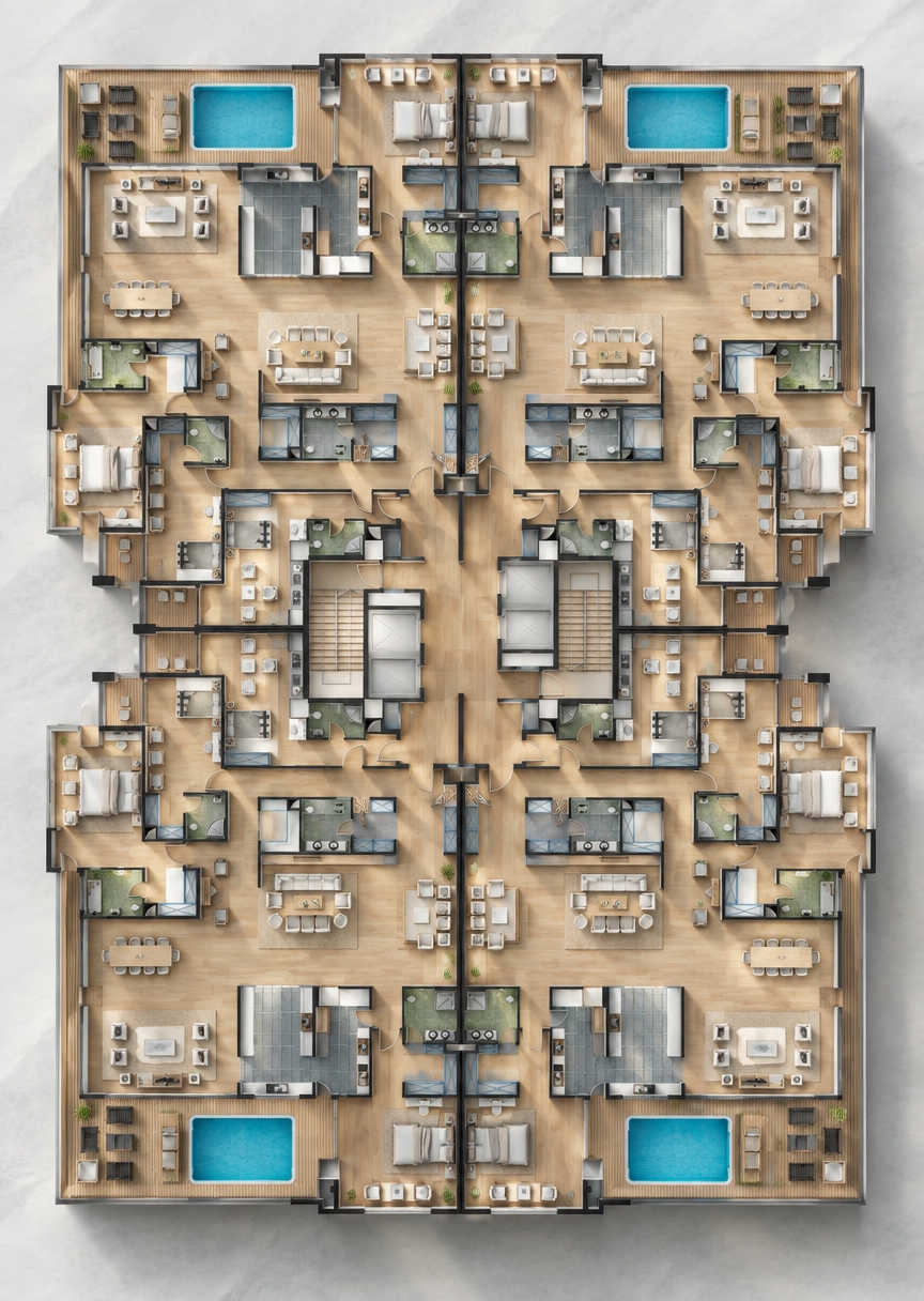 An incredibly lifelike, richly detailed, photorealistic top-down architectural photograph of an ultra-luxurious multi-unit hotel suite layout set in a serene mountain escape. The scene is illuminated by bright, crystalline midday sunlight filtering through perimeter openings and casting soft, gentle shadows, creating an airy, tranquil, and sophisticated atmosphere. Captured with a high-resolution medium-format camera and a sharp tilt-shift lens, emphasizing the fine natural grain of warm oak flooring, textured light slate tiles in the private en-suites, and weathered cedar decking on the perimeter verandas. Each mirrored suite features an elegant, minimalist aesthetic with low-profile linen beds, neutral-toned contemporary seating, and sleek dining arrangements, while the expansive outer corner terraces showcase gleaming heated plunge pools filled with luminous, rippling azure water, epitomizing the ultimate high-altitude modern retreat.