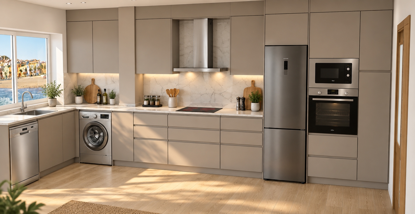 A bright, naturally lit architectural interior photograph preserving the exact layout, camera perspective, and composition of the kitchen scene. The flat-panel cabinet doors are rendered in a richer, slightly darker tone, while natural kitchen accessories like small cutting boards and spice containers neatly populate the countertop. Sunlight streams in through the window alongside soft, warm interior ambient lighting that brightly illuminates the entire space, casting realistic soft shadows across the wood-plank floor. Surfaces feature authentic micro-textures, crisp reflections on the stainless steel and glass appliances, balanced exposure, and subtle photographic grain.