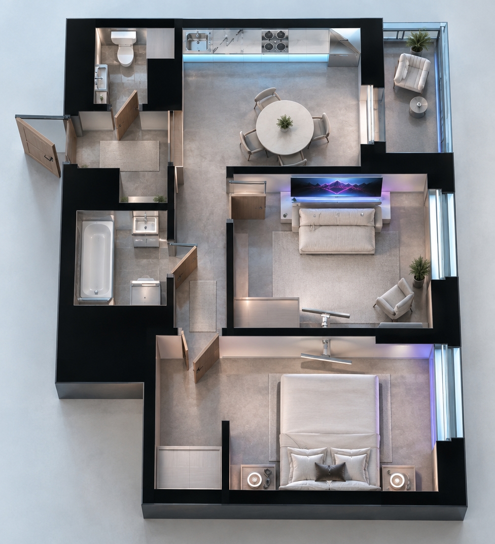 An incredibly lifelike, richly detailed, photorealistic wide-angle interior shot of a minimalist master bedroom set in a high-tech modern apartment. The scene is illuminated by gentle morning light filtering through expansive floor-to-ceiling windows combined with soft, recessed cyan and violet neon strip lighting, creating a tranquil, futuristic atmosphere. Captured with a 24mm f/2.8 architectural lens, emphasizing smooth matte finishes, polished cool-gray concrete floors, and crisp white textiles, the room centers on a low-profile platform bed dressed in tailored linen and sleek geometric pillows. On either side, streamlined floating nightstands crafted from brushed aluminum and smoked glass hold minimalist wireless charging pads and a glossy, open fine-art photography book. Dominating the accent wall above the bed, a massive, bezel-free digital display showcases a serene, glowing neon mountain landscape that softly pulses with color. A sculpted indoor bonsai set on a floating glass console injects organic serenity into the uncluttered, cyberpunk-inspired haven, perfectly blending high-tech precision with Zen minimalism.