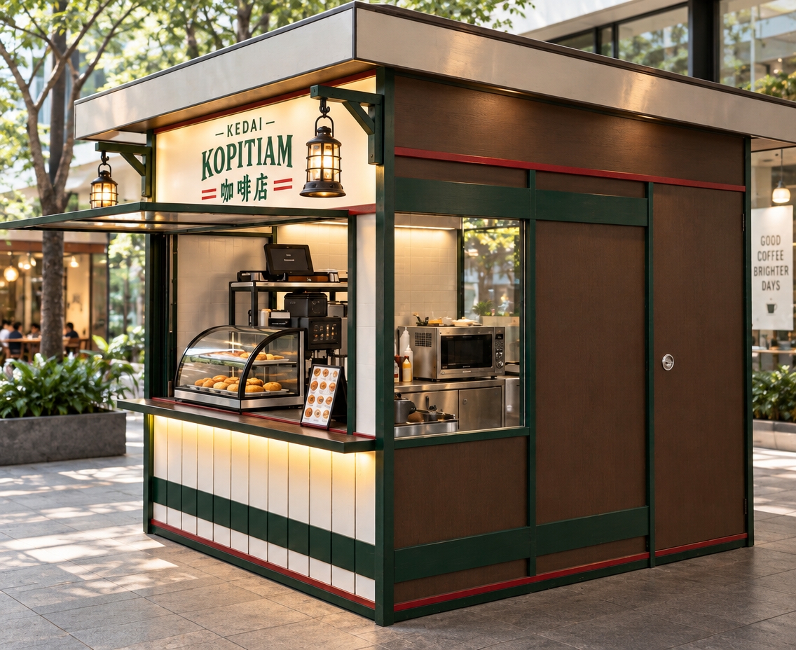 A crisp eye-level photograph captured with a 35mm lens, strictly preserving the exact geometry, perspective, and composition of the Kopitiam kiosk. Diffuse ambient daylight blends with the warm golden glow of the hanging lanterns and the under-counter accent lighting. Surfaces feature realistic physical textures, including subtle grain on the brown exterior panels, a satin powder-coated finish on the dark green trim, authentic reflections and faint smudges on the curved glass pastry case, and brushed stainless steel inside the food prep area. Natural contact shadows, balanced exposure, and subtle lens micro-imperfections ground the entire kiosk into a tangible, authentic photograph.
