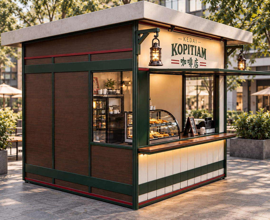 A sharp eye-level photograph captured with a 35mm lens, preserving the exact kiosk structure, perspective, and composition. The scene features balanced ambient daylight paired with the warm, inviting 2700K tungsten glow emanating from the hanging rustic lanterns and under-counter lighting. Physical surfaces display natural micro-textures, including a satin powder-coated finish with faint seam lines on the green steel trim, organic matte grain on the brown wood paneling, and subtle handling smudges with realistic fresnel reflections on the curved glass pastry case. Soft ground contact shadows anchor the booth, complemented by authentic brushed metal textures, gentle edge vignetting, and clean, realistic dynamic range.