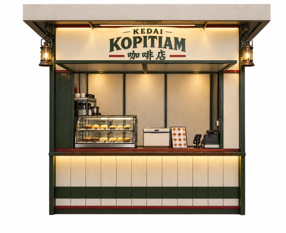 Eye-level 35mm photograph of the Kopitiam kiosk, maintaining its exact geometry, layout, and composition against an isolated background. Balanced ambient daylight mixes with warm, authentic illumination cast softly from beneath the front counter and within the twin bronze lanterns. Physical materials show true-to-life textures, including subtle grain on the cream paneling, smooth satin finish on the dark green trim, and faint surface reflections across the curved glass pastry display, rendered with crisp focus and gentle contact shadows.