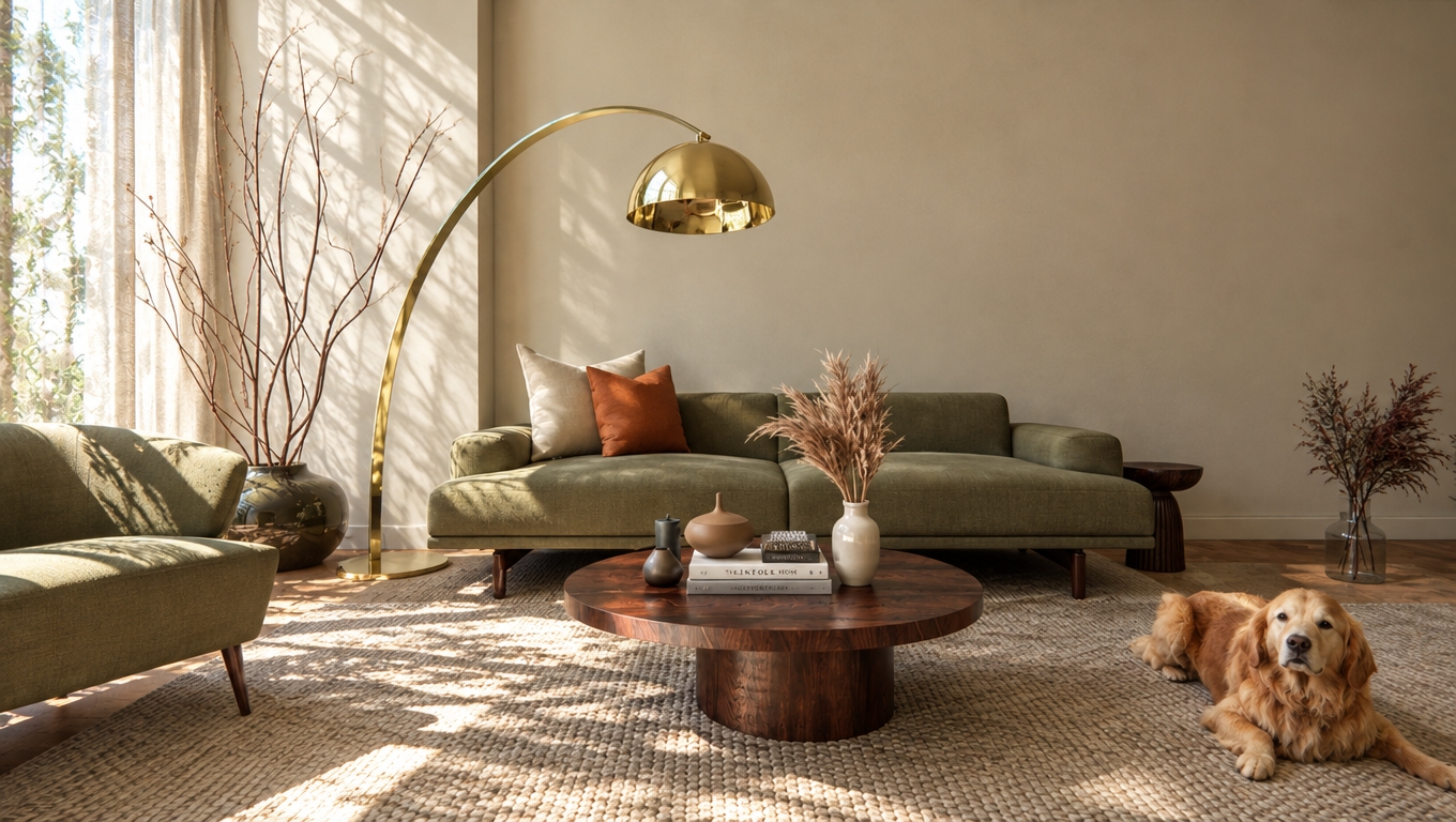 An incredibly lifelike, richly detailed, photorealistic eye-level interior photo of a serene living space set in a sun-drenched mid-century modern home during a crisp spring midday. The scene is illuminated by soft, natural light filtering through sheer curtains, casting intricate, dappled shadows across the room and creating a calm, timeless atmosphere. Captured with a 35mm lens, emphasizing the rich, organic textures of the dark walnut circular coffee table, the sleek lines of the olive-toned sofa, and the brilliant, polished brass finish of the iconic arched floor lamp that anchors the room. The palette is a sophisticated harmony of earth tones—warm ochre, burnt orange accent pillows, and muted, grounding greens—complemented by a clutter-free, minimalist aesthetic. Thoughtfully curated details, such as a stack of photography books, a ceramic vase filled with dried pampas grass, and a loyal golden retriever resting peacefully on the textured rug, imbue the space with a sense of lived-in comfort. The composition is balanced and linear, highlighting the juxtaposition between the smooth, matte plaster walls and the warm, deep grains of the teak furniture, while a vase of slender, leafless branches adds an elegant, sculptural silhouette against the clean backdrop.