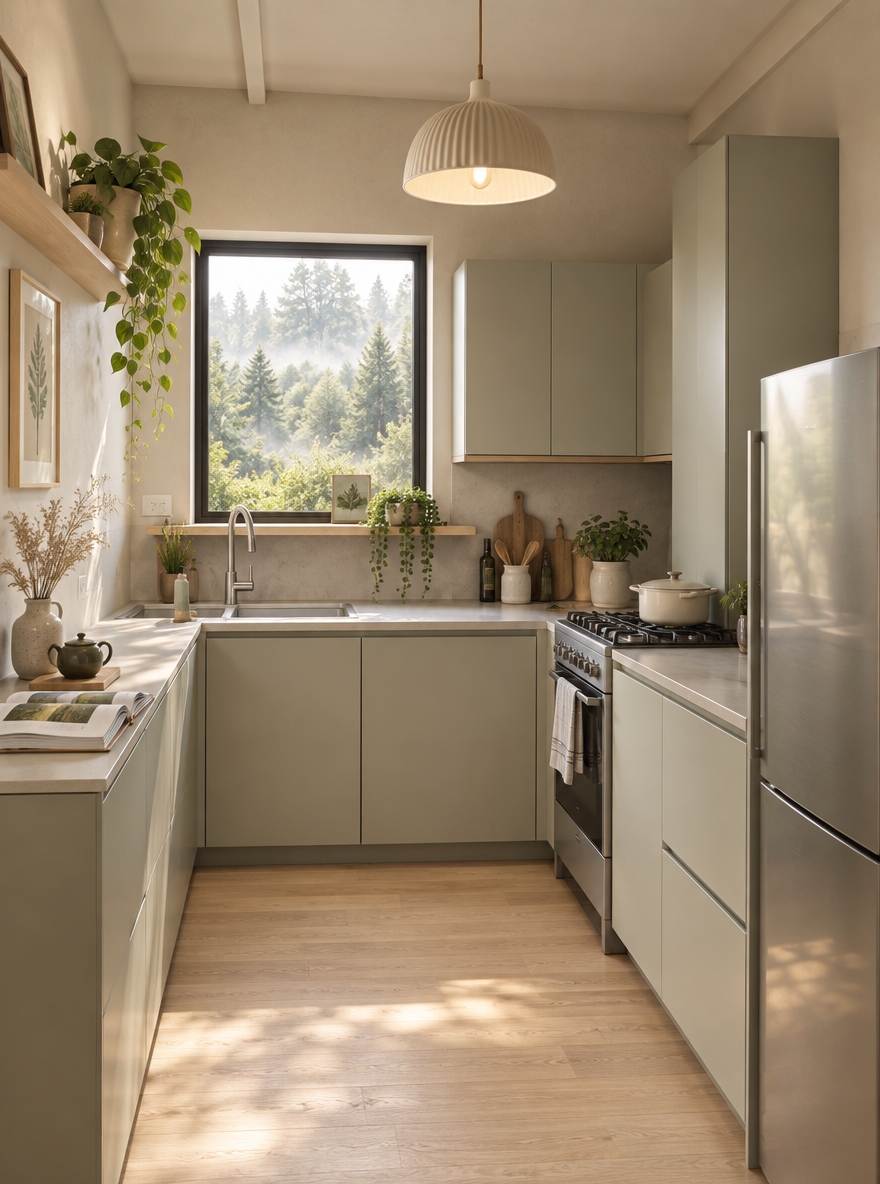 An incredibly lifelike, richly detailed, photorealistic eye-level shot of a transformed kitchen reimagined as a Scandinavian sanctuary set in a peaceful, light-filled Nordic home. The scene is illuminated by abundant, diffused morning sunlight pouring through an enlarged black-framed picture window, complemented by the warm glow of a minimalist fluted ceramic pendant lamp, creating a tranquil, bright, and deeply serene atmosphere. Captured with a 35mm f/2.8 architectural lens, emphasizing the tactile grain of bleached white-oak flooring, honed light-gray quartz countertops, and smooth, matte off-white plaster walls. The cramped, cluttered layout is reinvented into an elegant, highly organized workspace featuring custom handleless flat-panel cabinetry in pale sage and warm mist gray, perfectly concealing integrated appliances and the water heater behind clean vertical lines. On the counter, a thoughtfully curated open photography book rests beside an organic ceramic teapot and a small vase of delicate dried grasses, while a slim floating oak ledge beneath the window holds trailing string-of-pearls and framed nature-inspired prints. The expanded window frames a refreshing outdoor view of lush, misty greenery, infusing the clean-lined, hygge-inspired kitchen with organic tranquility, balanced proportions, and effortless modern functionality.