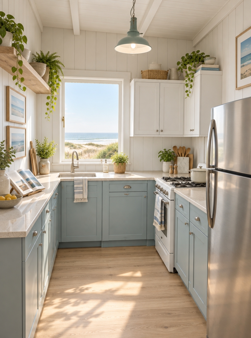 An incredibly lifelike, richly detailed, photorealistic wide-angle interior photograph of a reimagined coastal kitchen set in a serene beachside retreat. The scene is illuminated by gentle, sun-kissed morning light pouring through an enlarged casement window, creating an airy, light, and wonderfully relaxed atmosphere. Captured with a 24mm f/2.8 architectural lens, emphasizing smooth bleached-oak floors, tactile sand-hued quartz countertops, and crisp white vertical shiplap walls that replace the rustic surfaces. In place of the former clutter, custom soft-close shaker cabinets in muted seafoam blue and crisp nautical white maintain clean, uncluttered surfaces, accented by brushed nickel hardware. A bleached wooden floating shelf holds potted trailing ferns and handcrafted neutral ceramics, complemented by framed seascape wall art and an open coastal photography book resting on the counter. Through the expansive window, a calm, sunlit view of rolling dunes and distant blue waters perfectly mirrors the fresh, casual sophistication within.