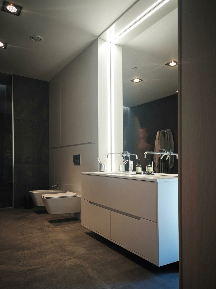 Ultra-photorealistic, high-end architectural photograph of the luxury modern bathroom shown in the reference image, captured with a professional full-frame camera.
Strictly preserve the original architecture, perspective, framing, camera angle, and composition. Keep all existing elements completely unchanged: the wall-mounted floating double vanity, faucets, integrated sink, toiletries, large vertical mirror with vertical and horizontal light strips, wall-hung toilet and bidet, dark floor tiles, walls, and ceiling fixtures. Do not add, remove, redesign, or relocate any fixtures or objects.
Substantially refine and elevate the material quality and photographic realism: render tactile surface textures on the cabinetry and stone floor, authentic reflections in the mirror and chrome fixtures, natural light diffusion from the linear LED strips and recessed ceiling spots, subtle physical imperfections, and physically accurate light-material interactions throughout the space.