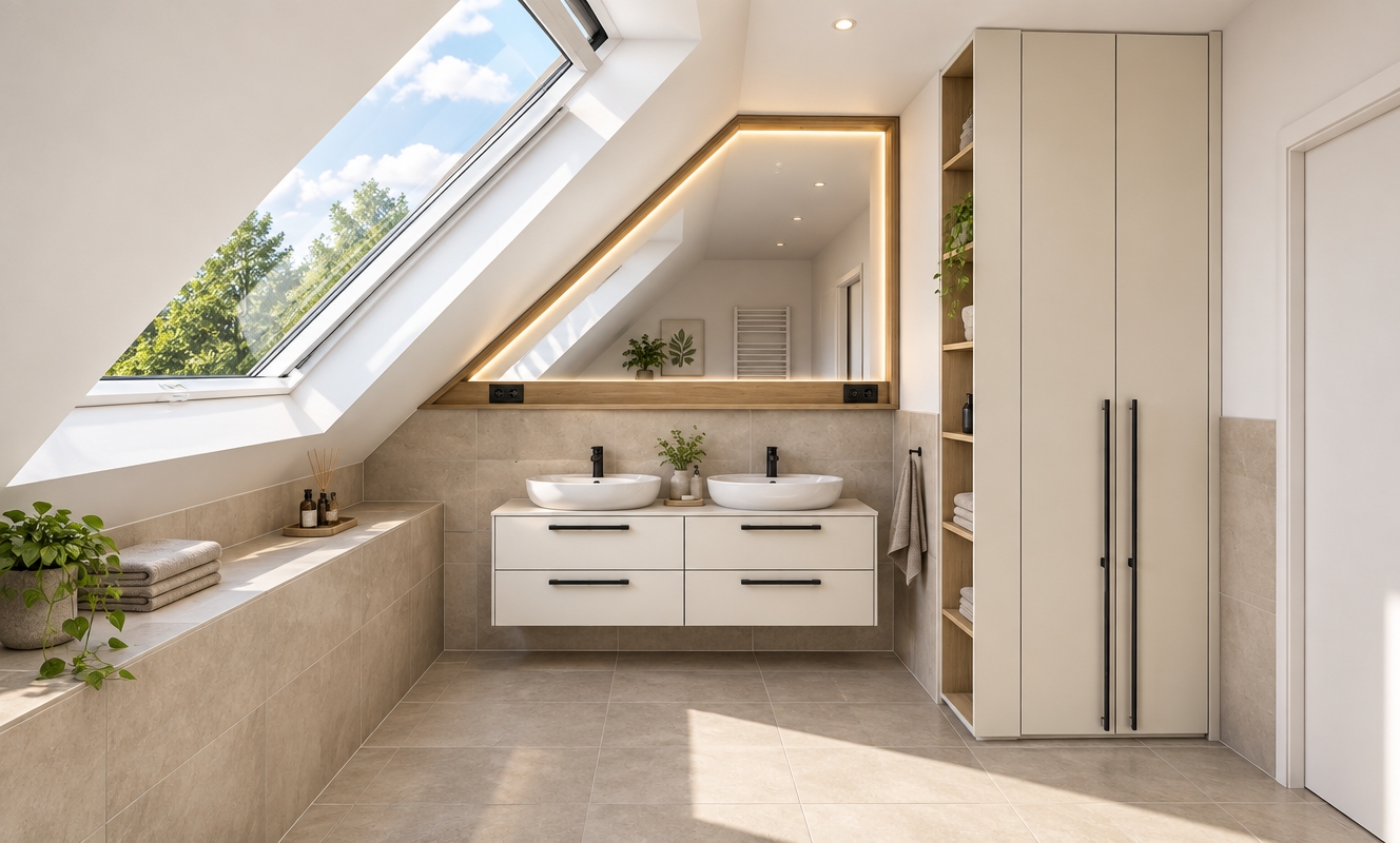 A crisp architectural photograph of an attic bathroom under bright midday summer light, captured on a 24mm tilt-shift lens. The scene retains all structural geometry and placement: smooth white sloped ceiling, matte greige ceramic floor and wall tiles, and a floating vanity holding dual ceramic vessel sinks with matte black fixtures. The custom angled mirror features a light wood ledge with a gentle warm LED backlight, while the tall off-white cabinetry shows realistic satin finishes and thin black pulls. Bright daylight provides natural ambient fill with realistic soft-edged contact shadows, faint surface reflections on the mirror and porcelain, and realistic micro-textures on tile grout and walls.