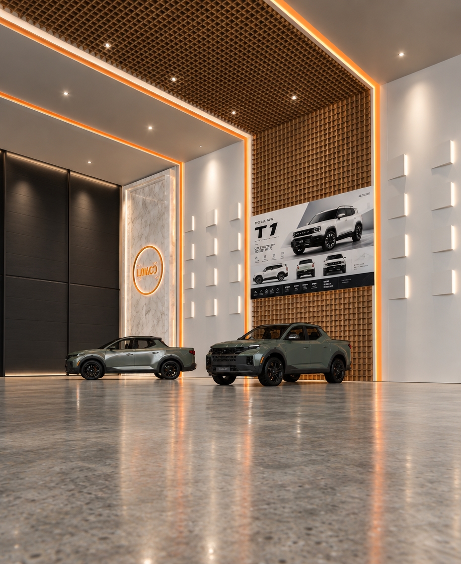 An incredibly lifelike, richly detailed, photorealistic interior shot of a high-end automotive showroom set in a minimalist haven. The scene is illuminated by crisp, recessed LED lighting and a vibrant orange accent glow, creating a sleek, professional, and modern atmosphere. Captured with a 35mm wide-angle lens, emphasizing the interplay between the tactile, grid-patterned wooden ceiling baffles and the smooth, matte-white wall surfaces. 

This workshop-inspired space celebrates a zen-inspired aesthetic, where clean lines and an uncluttered floor plan allow the pair of forest-green adventure vehicles to serve as the primary focal points. To the side, a vertical panel of polished, veined marble anchors the brand identity, while a large, high-definition promotional graphic provides a sophisticated visual break on the textured timber wall. The concrete flooring features a subtle, refined aggregate texture that grounds the space, reflecting a sense of industrial elegance. By stripping away excess, the design achieves a serene, functional, and streamlined environment where every element—from the rhythmic geometric wall protrusions to the strategically placed accent lighting—feels deliberate, elegant, and perfectly balanced.