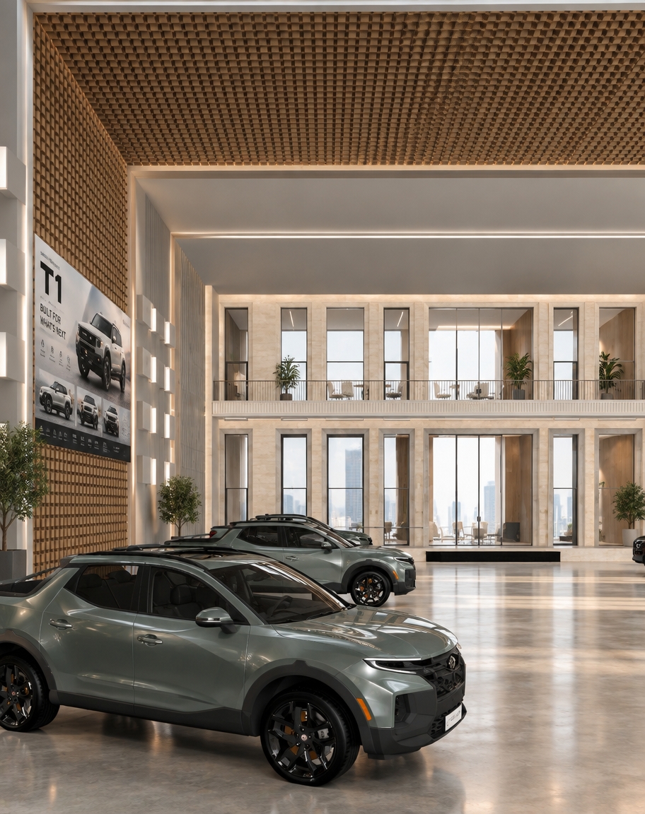 An incredibly lifelike, richly detailed, photorealistic medium-angle shot of a grand, open-concept automotive showroom and creative coworking space, set in a sophisticated urban environment. The scene is illuminated by soft, diffused ambient light filtering through high-ceiling skylights, creating a serene, minimalist haven atmosphere. Captured with a 35mm lens, the image emphasizes the interplay of textures between the rich, cellular-patterned acoustic ceiling, the polished concrete flooring, and the smooth, light-toned stone facade of the mezzanine. 

The architecture is a study in streamlined elegance, featuring a monochromatic palette of crisp whites, soft grays, and subtle pastel accents. A sleek, wall-mounted display highlights the rugged silhouette of the vehicle, while the adjacent office space serves as a calm, zen-inspired sanctuary. Functional, clutter-free surfaces and understated, modern metal and wooden furniture characterize the workspace, punctuated by strategically placed, sculptural indoor plants that breathe life into the sterile, refined design. The composition is balanced and uncluttered, with sharp lines and deep perspective, evoking the clean aesthetic of a premium photography book focused on contemporary industrial design.