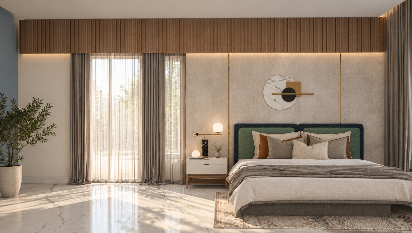 An incredibly lifelike, richly detailed, photorealistic wide-angle shot of a serene master bedroom set in a contemporary luxury residence. The scene is illuminated by soft, diffused morning light streaming through sheer curtains, creating a balanced, tranquil, and airy atmosphere. Captured with a professional-grade architectural camera using a 35mm lens, the image emphasizes the interplay between the cool polished stone surfaces and the warm, textural wood elements.
The room is defined by a sense of contemporary elegance and refined sophistication. Dominating the upper portion of the wall is a custom, horizontal slatted wood pelmet that adds a rich, organic warmth to the space. Below it, the main feature wall is clad in large-format panels of matte, pearl-toned stone, subtly separated by thin, vertical brass inlays that catch the light with a delicate metallic sheen. Centered on this wall is a striking piece of abstract art—a composition of circular marble and golden metallic geometric plates that anchors the bed.
The bed itself is a masterclass in tailored design, featuring a dual-toned upholstered headboard with a deep, forest-green velvet border that provides a bold, grounded contrast to the soft gray and warm white linens. The bedding is layered with plush, neutral-toned pillows in shades of champagne and taupe, inviting a sense of comfort. Beside the bed, a minimalist white bedside table with slim wooden legs supports a piece of sculptural, modern lighting—a slender brass-armed lamp with globes that evoke the aesthetics of high-end boutique design.
The flooring consists of expansive, highly polished white marble tiles with dramatic, swirling gray veins that reflect the soft light, grounding the room in a sense of spaciousness. Under the bed, a bespoke area rug features a subtle, geometric pattern in muted tones, adding a layer of tactile warmth to the sleek floor. The floor-to-ceiling charcoal-gray curtains drape in elegant, soft folds, framing the window and adding depth to the room’s composition. Every detail, from the crispness of the furniture silhouettes to the subtle reflections on the brass accents, speaks to a space curated for those who appreciate understated, balanced luxury.