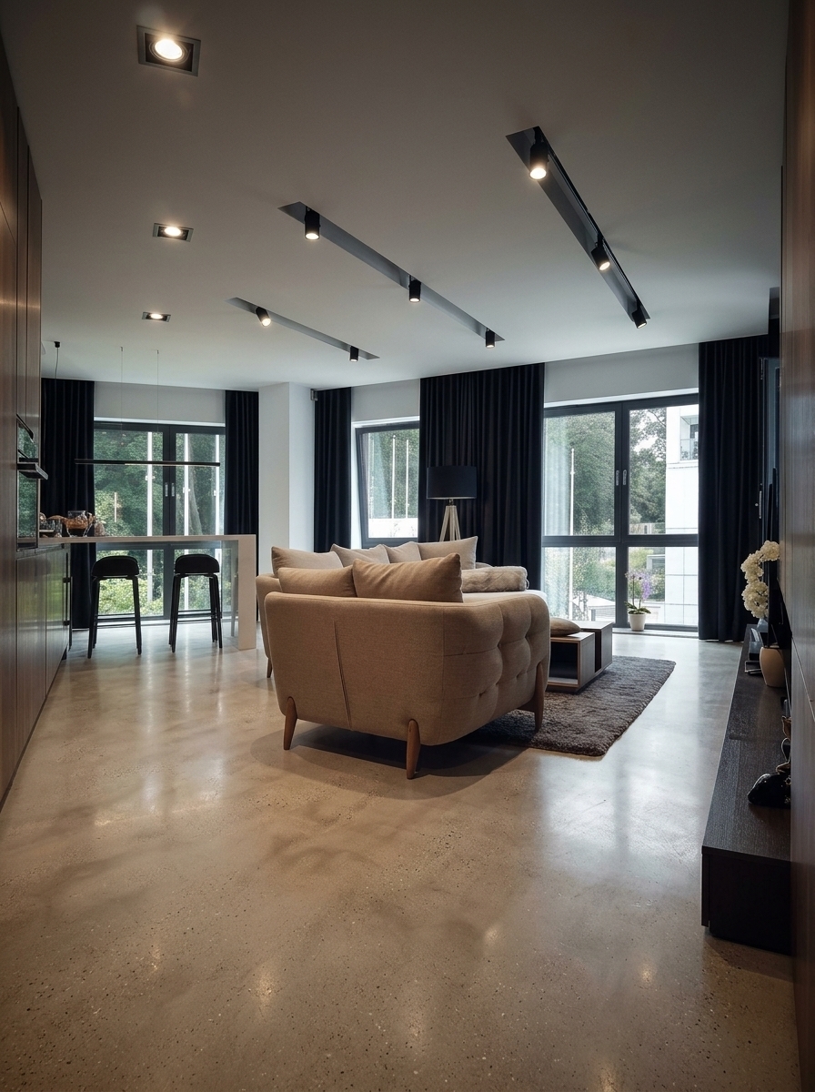 High-end interior architectural photograph of the living room, captured with professional full-frame camera quality, deep tonal contrast, and a dark-luxury mood. Preserve the exact camera angle, perspective, framing, furniture layout, architecture, and window openings without cropping or shifting.
Key modifications:
1. Floor: Replace the existing wood flooring with light warm grey polished concrete. The finish features a refined satin sheen, subtle aggregates, delicate tonal mottling, and physically accurate soft reflections without high gloss.
2. Walls & Cabinetry: Refinish all wall paneling, tall units, and cabinet millwork in premium dark American Black Walnut veneer. The wood exhibits rich chocolate and espresso brown tones, natural grain flow, fine open pores, and a matte-to-satin protective finish.
3. Sofa Upholstery Redesign: Keep the sofa in its exact position, dimensions, and sectional footprint. Redesign its upholstery in a premium warm beige woven fabric. Introduce generously padded, softly rounded, sculptural backrest cushions and armrests featuring subtle button-tufting with fabric-covered buttons, authentic radial compression creases, refined seams, and plush, comfortable proportions.
4. Lighting & Ambience: Maintain moody, low-key interior lighting. Soft natural daylight enters through the large windows, balanced by warm (2700–3000K) directional ceiling spotlights grazing the walnut and concrete surfaces. Deep blacks, natural shadows, controlled highlights, and organic photographic micro-detail throughout.