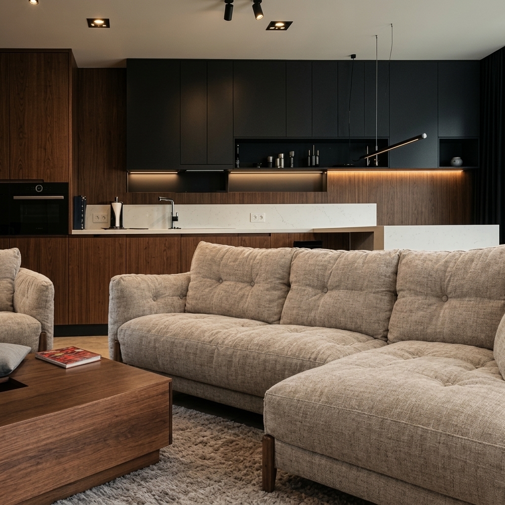 Ultra-photorealistic high-end interior architectural photograph of the modern open-plan living room and kitchen. Enhance physical realism, tactile material textures on the beige sectional sofa, rich walnut cabinetry, and matte black finishes. Ensure authentic lighting, natural reflections, subtle imperfections, and a sophisticated dark-luxury atmosphere as if shot on a professional full-frame camera.