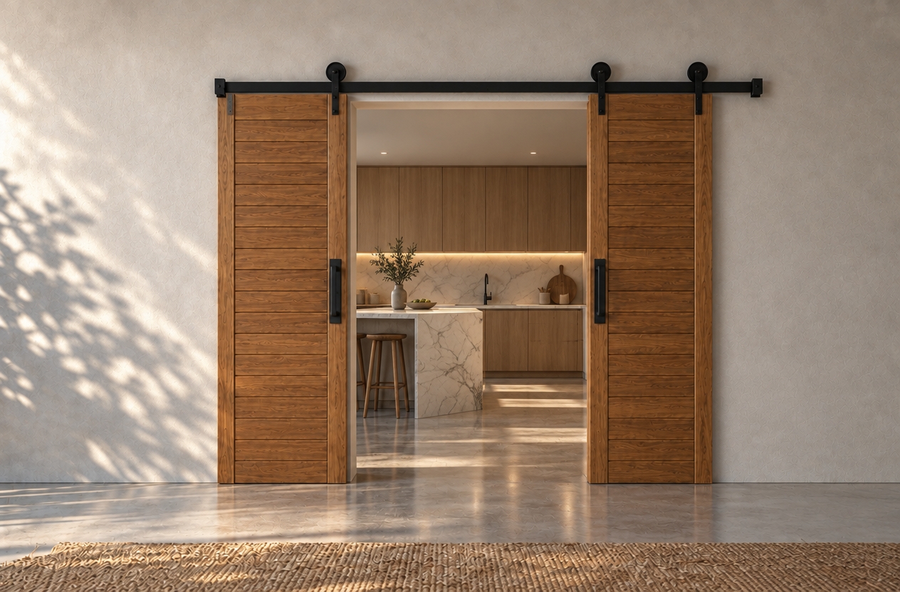 An incredibly lifelike, richly detailed, photorealistic interior shot of a seamless transition between a minimalist dining room and a bright, modern kitchen. The scene is illuminated by crisp, natural midday sunlight filtering through an unseen window, casting soft, dappled leaf shadows across the matte plaster wall and the polished concrete floor, creating a tranquil, airy atmosphere. Captured with a 35mm lens, emphasizing the intricate wood grain of the now-open barn doors which are slid neatly to the sides, revealing a peek into a sleek kitchen featuring marble countertops and warm under-cabinet lighting.

The perspective is perfectly centered, drawing the eye through the open threshold where the minimalist aesthetic of the dining space meets the functional elegance of the kitchen. The open doors expose the hardware's sturdy matte black finish, now starkly contrasted against the bright interior beyond. The composition maintains a serene balance, with the textured rug in the foreground anchoring the space, while the depth of field provides a gentle transition from the sharp details of the sliding tracks to the inviting, slightly soft-focused culinary space revealed behind the timber slats.