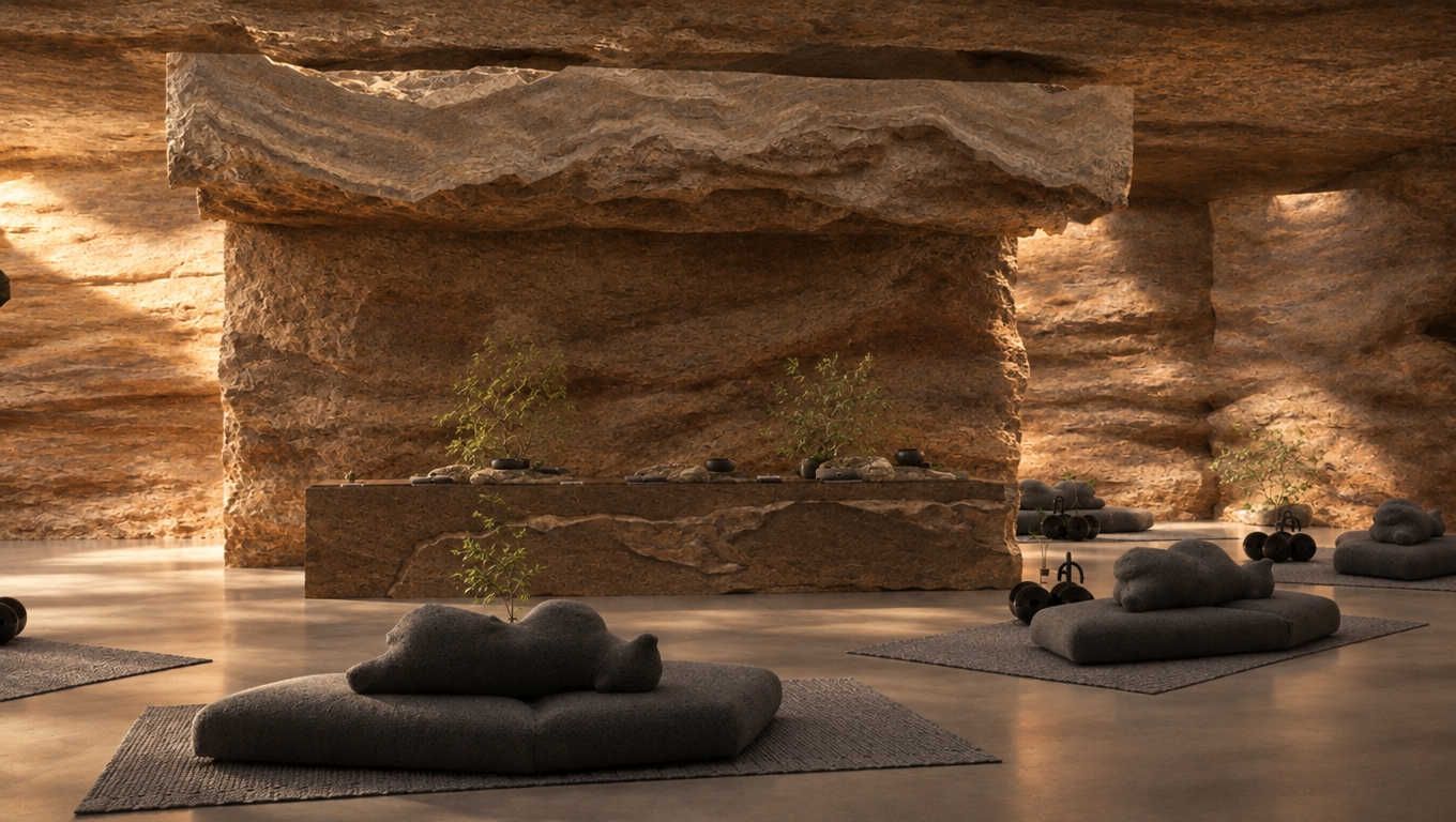 An incredibly lifelike, richly detailed, photorealistic wide-angle interior shot of a sanctuary-inspired wellness retreat set in a secluded, rugged mountain escape. The scene is illuminated by soft, diffused amber light filtering through unseen crevices, creating a contemplative, zen-like atmosphere that feels both ancient and deeply comfortable. Captured with a 35mm f/1.4 lens, emphasizing the tactile interplay between the raw, chiseled rock walls—which feature natural striations in warm beige and terracotta tones—and the luxurious, low-profile lounge cushions upholstered in soft, charcoal-grey wool. In the center, a monumental monolith of stacked stone serves as a minimalist altar, topped with delicate, spindly indoor plants that provide a touch of life against the heavy, geological mass. To the sides, the arrangement of organic-shaped meditation bolsters rests on woven rugs, echoing the quiet, grounded aesthetic of a luxury cabin retreat. The composition draws the eye toward the central stone feature, while the blurred periphery suggests a vast, cave-like architecture that feels perfectly nestled into the mountainside. The texture of the stone is rendered with hyper-realistic granularity, capturing every fissure and shadow, while the deep, earthy palette is complemented by subtle hints of botanical green, grounding the entire space in a seamless, sophisticated blend of nature and high-end design.