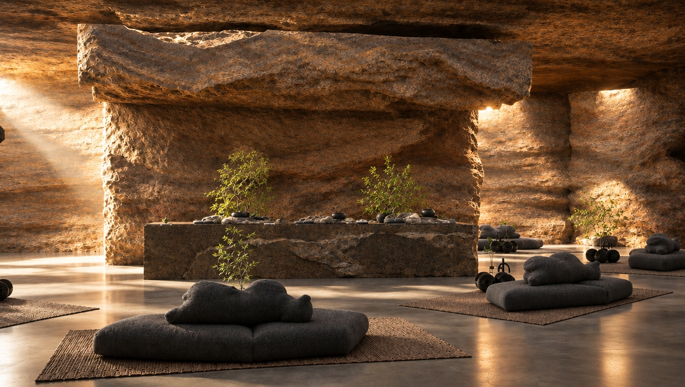 An incredibly lifelike, richly detailed, photorealistic interior shot of a subterranean wellness sanctuary set in a secluded, cavernous geological formation. The scene is illuminated by ethereal, golden hour light filtering through overhead apertures, creating a tranquil, meditative atmosphere. Captured with a wide-angle 24mm lens on a full-frame sensor, emphasizing the raw, rugged textures of the stratified sandstone walls that dominate the space. In the center, a monumental, chiseled rock monolith serves as a grounding altar, topped with delicate, verdant bonsai trees that provide a sharp organic contrast to the brutalist stone environment. On the polished, cool concrete floor, charcoal-toned, plush floor cushions rest on woven jute mats, inviting a sense of profound stillness. The composition focuses on the interplay between the ancient, weathered surfaces and the deliberate, minimalist arrangement of the wellness elements, with long, soft shadows stretching across the floor, highlighting the fine, granular texture of the stone and the soft, matte fabric of the seating. The perspective draws the eye toward the cavern's depths, where natural light carves out recesses in the rock, evoking a timeless, architectural masterpiece that marries primitive geology with modern, zen-inspired interior design.