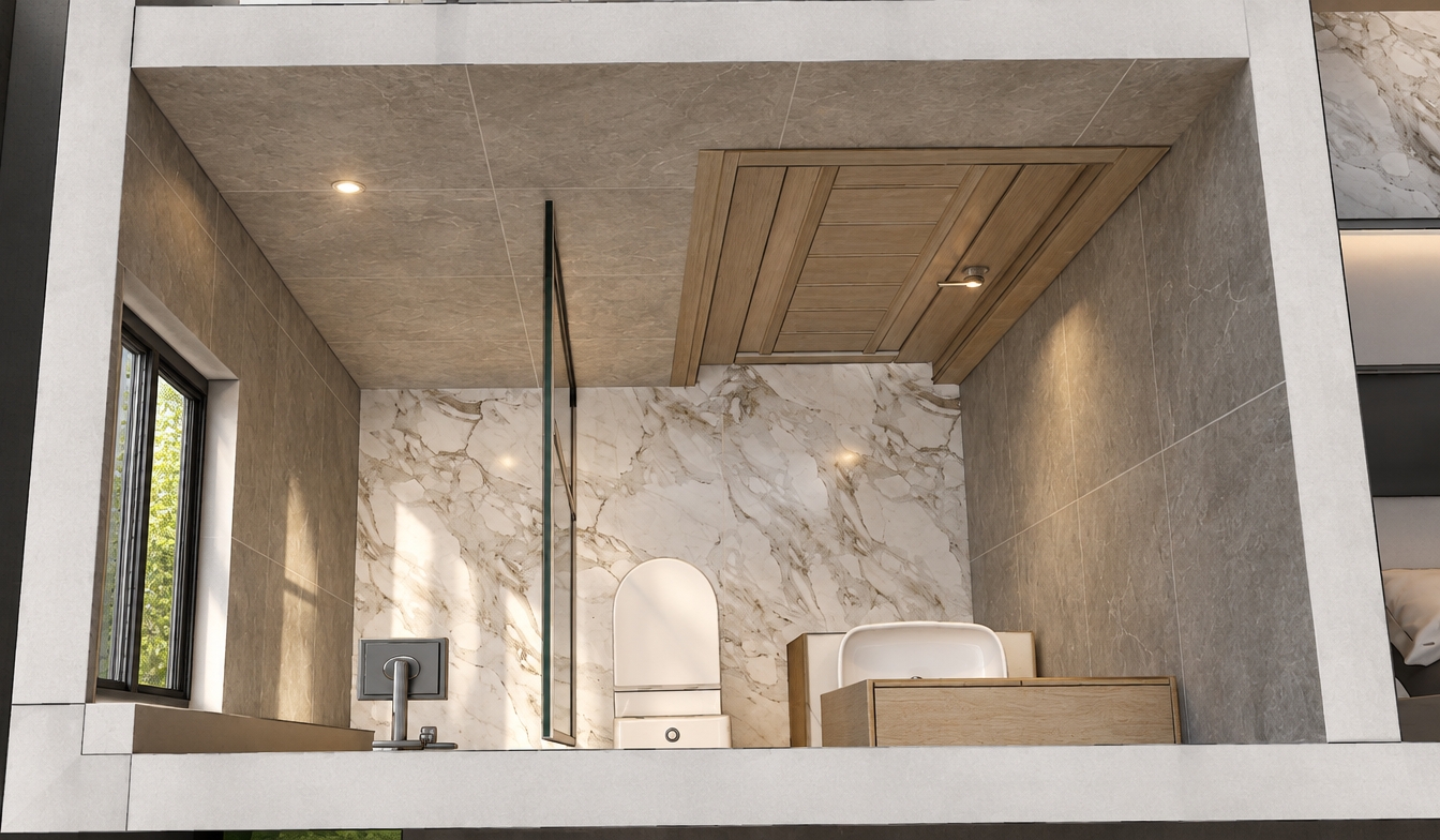 The photo presents a pristine, minimalist haven of a bathroom, captured from an elevated perspective that highlights its elegant use of materials and clean lines. The architectural style leans heavily towards modern minimalism, focusing on understated luxury and functional design. The dominant wall surfaces feature large, rectangular tiles in a refined pale slate blue hue, imbued with subtle gray undertones, creating a serene and expansive feel. The ceiling above is clad in large square tiles of a consistent light gray, contributing to the room's airy brightness. A striking feature wall behind the toilet and vanity is adorned with luxurious white marble, showcasing intricate veining in varying shades of light gray and faint whispers of pale slate blue, adding depth and organic texture to the otherwise structured space. To the far left, a tall, narrow window with a dark frame hints at natural light filtering in, reflecting a soft green from an implied exterior view. A sleek, clear glass partition stands centrally, separating the toilet area from an adjacent space, further enhancing the room's open and contemporary feel. The toilet itself is a modern, white ceramic design, complemented by a minimalist vanity unit with a light-toned wood base that emanates a warm, almost very pale peach glow, providing a subtle counterpoint to the cooler tones. On the right, a multi-panel door, finished in a muted gray or soft bronze with a discreet handle, suggests entry or exit, while glimpses of vertical shelving or storage with a very pale peach or light blush pink undertone can be seen beyond the room's perimeter. The composition emphasizes balance and proportion, presenting a harmonious interior where textures, subtle colors, and understated fixtures combine to create a tranquil, sophisticated environment designed for quiet contemplation and comfort.