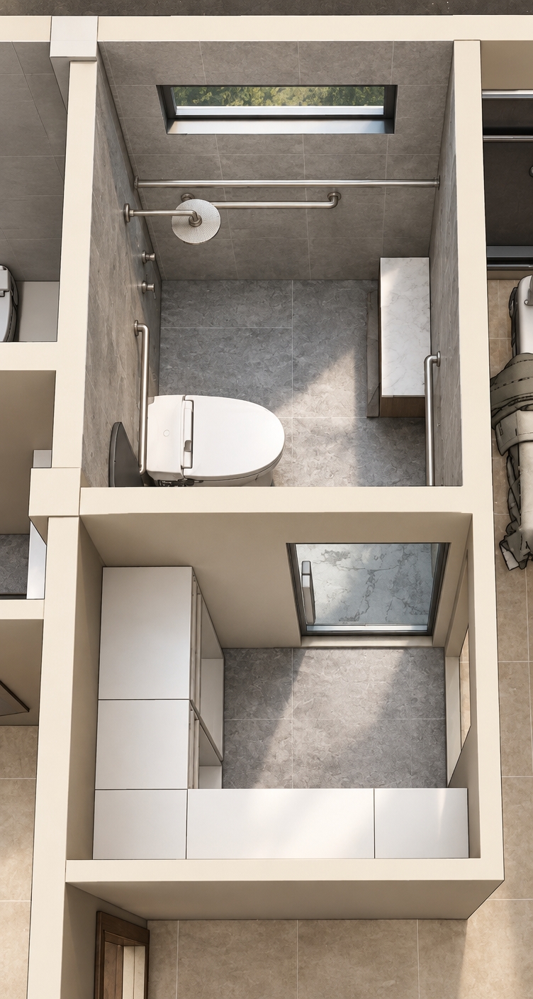 The photo presents a sophisticated and minimalist bathroom haven, captured from an overhead, slightly isometric perspective that emphasizes its clean architectural lines and functional layout. The predominant flooring throughout both the main shower/toilet area and the adjacent vanity section is a textured light gray, resembling polished concrete, which establishes a sleek, modern foundation. Within the shower enclosure, a striking accent wall features a calm pale slate blue, possibly large-format tiles or a smooth panel, beautifully complementing the pristine white, wall-mounted toilet and the modern, minimalist shower fixtures, including a horizontal grab bar. A long, recessed rectangular light fixture is integrated into the ceiling directly above, providing crisp, focused illumination. The surrounding structural elements and the broader floor tiles visible around the perimeter of the inner spaces exhibit a very pale peach or light blush pink undertone within their neutral cream and warm beige hues, softening the overall palette. In the adjoining vanity area, bright white handleless cabinetry offers ample storage, while a dark, horizontal feature on the ceiling above suggests either a skylight or another recessed lighting element, casting light onto the surfaces below. This interior achieves a serene and highly organized atmosphere, with every detail contributing to a sense of understated elegance and functional design.