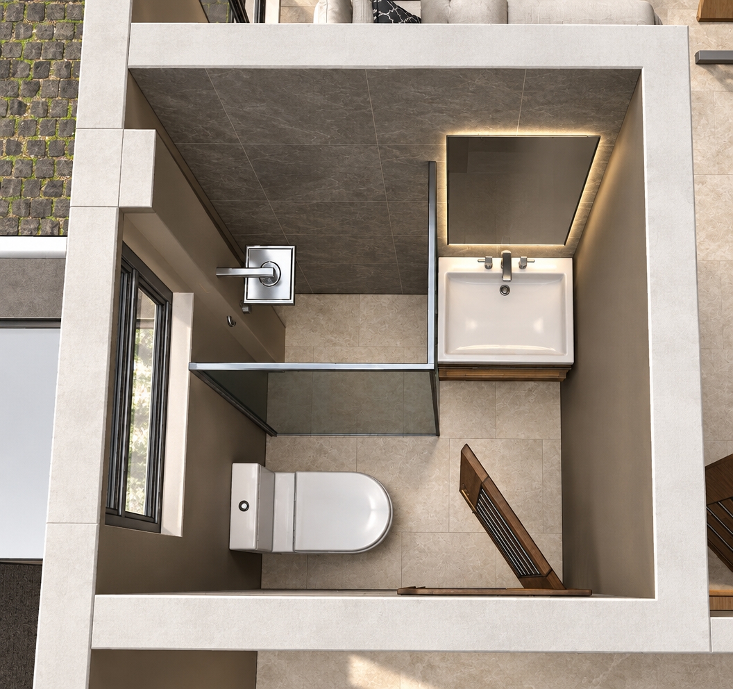 The photo presents a detailed overhead view of a modern bathroom, designed with a clean, functional aesthetic that evokes a sense of calm and openness, as if a gentle coastal breeze might drift through. The interior space is grounded by large, rectangular floor tiles in a warm cream color, reflecting the ambient light. Against the left wall, a pristine white toilet is neatly positioned beneath a window, which hints at natural light and ventilation. Adjacent to this, a minimalist glass partition or half-wall defines the shower area, where a sleek chrome shower head fixture is visible, promising a refreshing experience. Further into the room, a contemporary vanity features a bright white rectangular basin with a simple chrome faucet, topped by a broad, reflective mirror, all set against a very pale gray wall that maintains the room's serene palette. The ceiling, visible from this bird's-eye perspective, is clad in large light gray tiles, adding to the structured yet soft atmosphere. A subtle touch of warmth is introduced by a slatted wooden accessory, possibly a towel rack or stool, in a light peach hue, placed near the imagined entrance. Outside the bathroom's exterior wall, a textured light gray cobblestone path can be seen, suggesting an urban or garden context that further enhances the feeling of an airy, well-integrated living space.