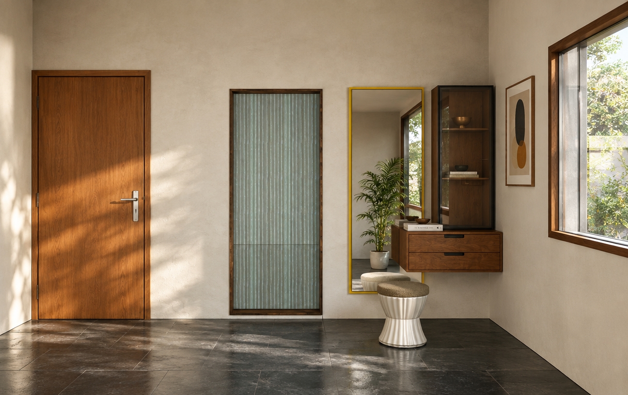 An incredibly lifelike, richly detailed, photorealistic eye-level interior shot of a sophisticated mudroom set in a Mid-Century Modern home. The scene is illuminated by soft, natural morning light streaming from an adjacent window, creating a serene and timeless atmosphere. Captured with a 35mm lens, emphasizing the fine grain of the walnut door and the smooth, matte texture of the plaster-finished wall. 

The composition is grounded by a deep, charcoal-toned slate floor that provides a sharp contrast to the warm, organic earth tones of the space. To the left, a solid teak door stands with architectural precision, adjacent to a floor-to-ceiling recessed panel featuring subtle, muted blue vertical accents that draw the eye upward. A sleek, wall-mounted vanity unit, crafted from rich walnut, features floating drawers and a glass-fronted cabinet, perfectly embodying the uncluttered, functional ethos of the era. Beside it, a vibrant, minimalist mirror with a thin yellow frame reflects a glimpse of a nearby lush indoor plant, adding a pop of organic life to the scene. A sculptural, hour-glass-shaped stool with a textured beige seat sits beneath the vanity, while a curated photography book and a single piece of abstract wall art provide thoughtful, high-end touches. Every surface remains intentionally clear, maintaining the refined, linear aesthetic of classic mid-century design.