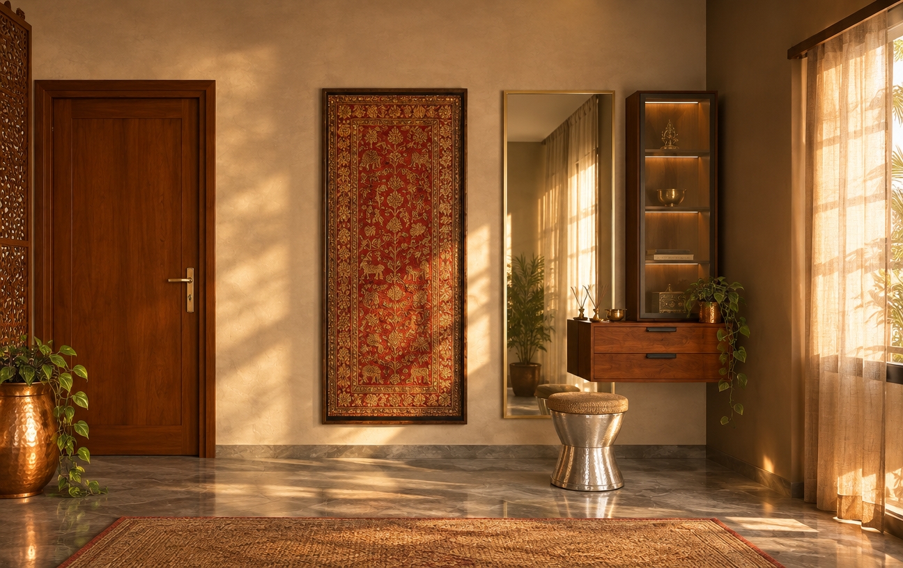 An incredibly lifelike, richly detailed, photorealistic interior shot of a sophisticated living room set in a space reflecting Indian exuberance. The scene is illuminated by the soft, golden glow of the late afternoon sun filtering through sheer silk curtains, creating a warm, spiritual, and deeply opulent atmosphere. Captured with a 35mm lens, the composition focuses on a central wall featuring a magnificent piece of Indian textile art, its intricate patterns weaving together vibrant shades of deep crimson, burnt orange, and metallic gold thread that catch the light. To the left, a handcrafted mahogany door with polished brass hardware stands beside a tall, hand-carved wooden screen, while to the right, a custom-built floating vanity in rich, polished teak pairs with a slim, gold-framed floor mirror and a sculptural, silver-finished stool featuring a plush, hand-woven jute seat. The floor is composed of cool, grey-veined marble that grounds the warmth of the room, while lush, trailing indoor plants in hammered copper pots soften the corners, adding a touch of organic serenity. Every surface is adorned with the weight of heritage; the textures are tactile and layered, from the heavy weave of the wall tapestry to the lustrous reflections on the brass fixtures, culminating in a visual narrative that feels like a curated page from a luxury coffee table photography book on modern Indian interior design.