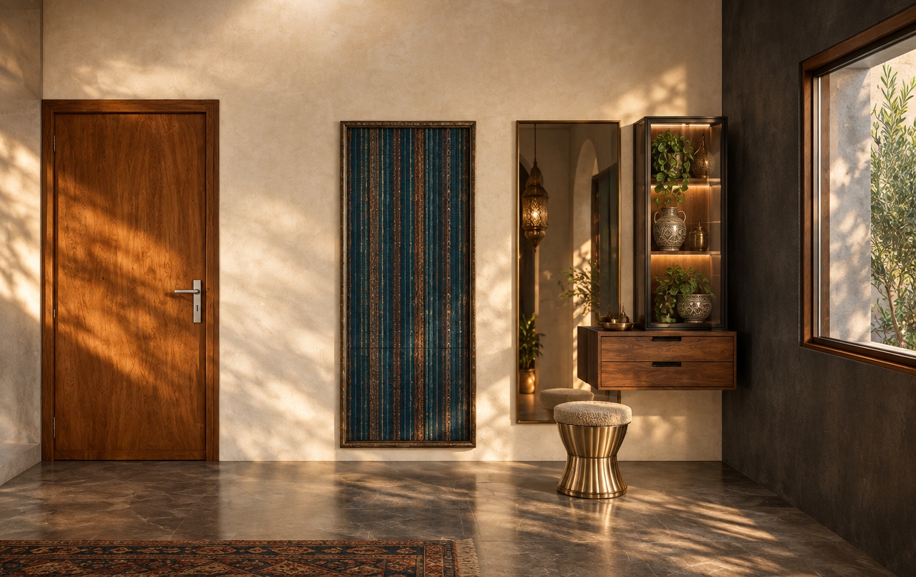 An incredibly lifelike, richly detailed, photorealistic interior shot of a sophisticated mudroom set in a modern home with a profound infusion of Moroccan mystique. The scene is illuminated by soft, golden-hour ambient light filtering through a window, casting rhythmic shadows that highlight the intricate, hand-carved textures of the wood-grain door and the floating walnut vanity, creating a warm, sensual, and deeply inviting atmosphere. Captured with a 35mm lens, the composition emphasizes the interplay between the crisp, white plaster walls—adorned with delicate, geometric wall art in subtle gold leaf—and the vibrant, artisanal elements, including a floor-to-ceiling accent panel featuring a mesmerizing, vertically-striped textile in deep sapphire blues and oxidized copper tones. The space is anchored by a polished, metallic hourglass-shaped stool with a textured bouclé seat, while the adjacent floating cabinetry is topped with a glass-enclosed display case, elegantly showcasing curated pottery and lush, trailing indoor plants that bring organic vitality to the composition. The floor, finished in a cool, grey stone, grounds the space, while the dark, charcoal-painted corner wall adds architectural depth, contrasting perfectly with the ornate, Middle Eastern-inspired accents that make the entire room feel like a curated page from a luxury coffee table photography book.