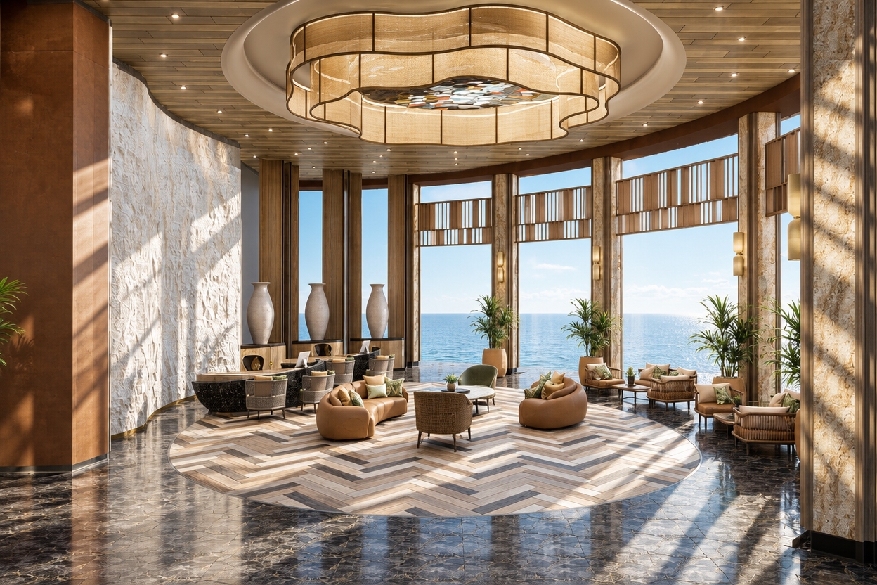 A realistic architectural photograph of the exact hotel lobby scene captured during a bright summer midday. Harsh, brilliant sunlight floods through the tall perimeter windows, casting sharp, distinct geometric shadows across the herringbone and polished dark marble floors. The large multi-tiered woven ceiling chandelier emits a soft warm glow, balancing the bright 5500K exterior light. Surface materials show authentic photographic textures, from the rough chiseled relief of the curved white stone wall and natural grain in the wood paneling to the supple leather and woven rattan of the seating. Captured on a professional tilt-shift architectural lens, maintaining clean vertical lines, crisp deep focus, natural dynamic range, and subtle film grain throughout.
