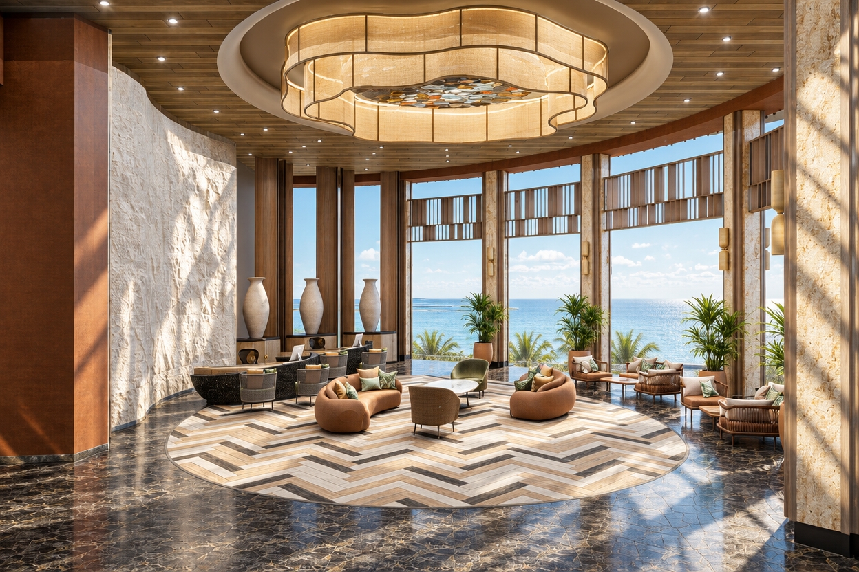 A professional architectural photograph of the luxury lobby bathed in bright summer midday sunlight, strictly preserving the existing layout, materials, and composition. Crisp, high-angle natural light streams through the towering windows, casting defined sunlit patches and sharp, realistic shadows across the polished dark marble floor and herringbone-patterned rug. The grand tiered fabric chandelier emits a soft, warm glow that harmonizes with recessed ceiling spotlights, balancing the bright daylight exterior with gentle interior ambient fill. All surfaces display authentic micro-textures, including tactile woven upholstery on the curved seating, subtle roughness on the large ceramic urns, organic stone grain, and vibrant foliage on the potted plants. Shot on a wide-angle lens with natural depth of field, balanced high-dynamic-range exposure, subtle lens flare, and delicate grain for complete photographic authenticity.