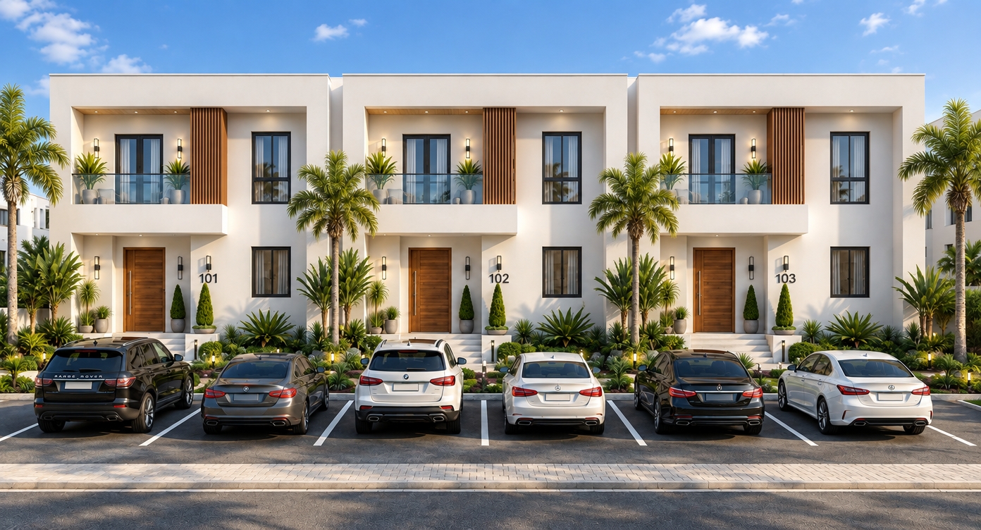 An incredibly lifelike, richly detailed, photorealistic wide-angle exterior shot of a modern residential townhouse complex set in a vibrant, sun-drenched tropical climate. The scene is illuminated by the crisp, golden light of a clear midday, creating an inviting and serene atmosphere. Captured with a professional-grade 35mm lens, the composition emphasizes the clean, minimalist lines of the stark white façade, which acts as a Scandinavian sanctuary against the lush, organic landscaping. The architectural design features repetitive, rhythmic bays with warm vertical timber accents and glass balcony railings that evoke a tranquil, airy aesthetic. The ground level displays a curated collection of neat, minimalist front entrances identified by elegant numbering, while the foreground showcases a neatly organized parking area occupied by polished luxury vehicles, their metallic surfaces reflecting the soft blue sky. The scene is grounded by artful xeriscaping, featuring mature palm trees and carefully positioned ornamental shrubs that bridge the gap between structured geometry and nature. Plush, soft greenery transitions into the building's base, where natural stone textures and warm wood entry doors provide a grounding, hygge-inspired contrast to the bright white walls, all while maintaining a cohesive, sophisticated balance between urban order and natural warmth.