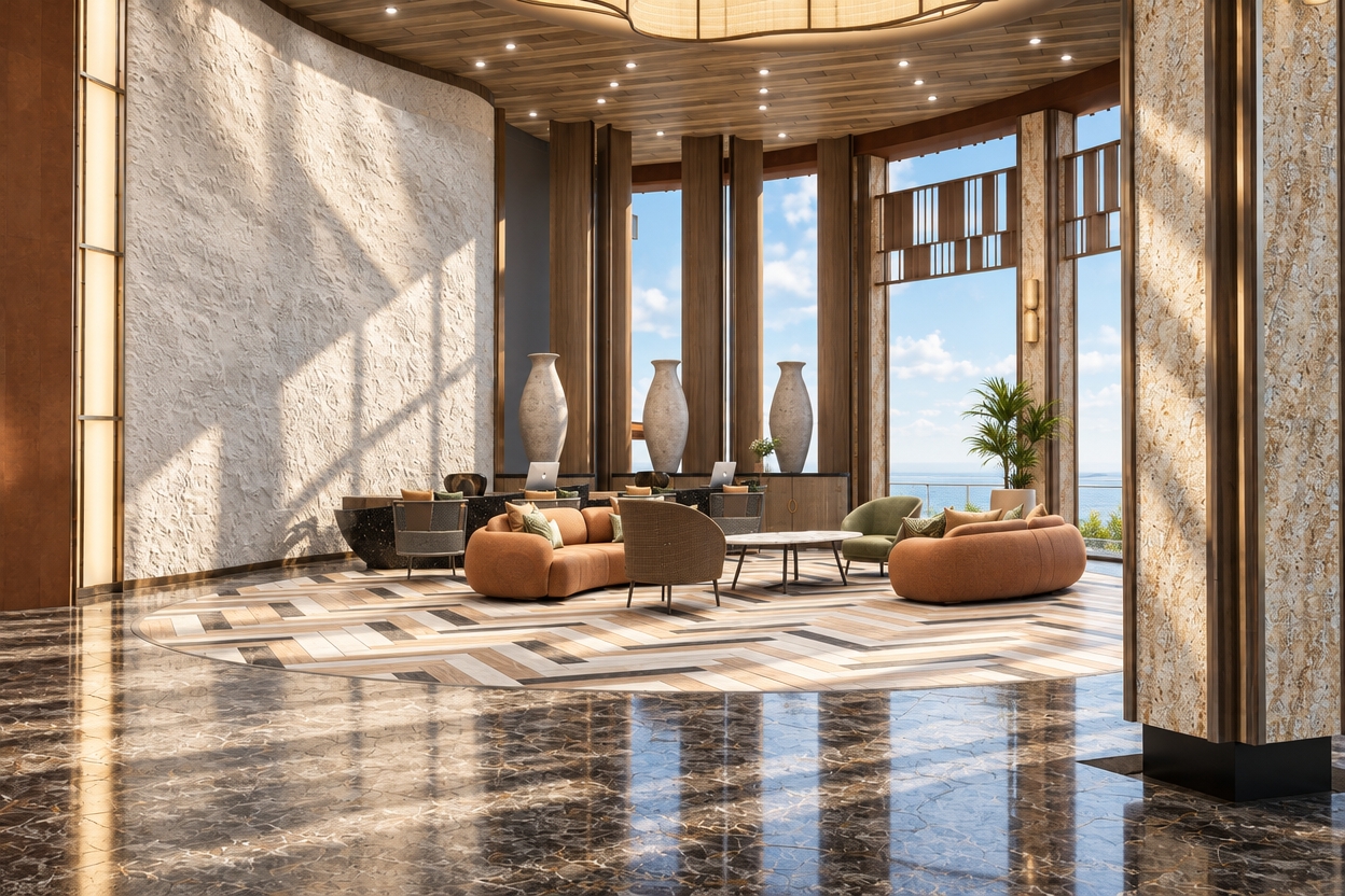 A photorealistic architectural photograph of the hotel lobby captured during a bright summer midday, with strong, natural daylight streaming through the floor-to-ceiling windows to cast defined, soft-edged shadows across the polished dark marble floor and herringbone inlay. The curved plaster accent wall reveals fine, tactile micro-textures, while the stone-clad columns display authentic veining and subtle specular highlights. The curved terracotta and sage seating arrangements feature realistic fabric weave, gentle creasing, and natural ambient occlusion. Ceiling pot lights cast subtle, warm fill illumination to balance the intense exterior sunlight, complemented by mild atmospheric haze, delicate reflections in the polished surfaces, and a crisp, clean architectural lens capture with faint natural sensor grain.