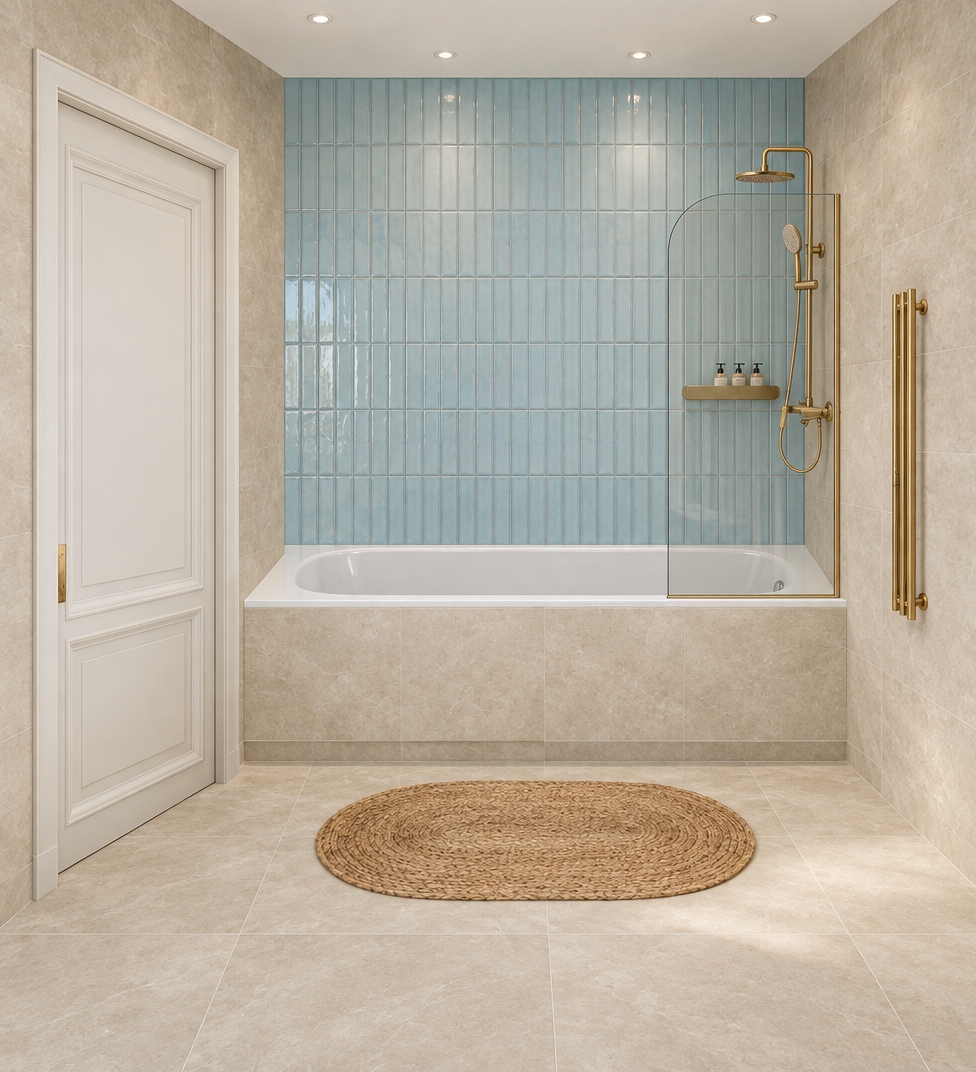 A straight-on, eye-level architectural photograph of the bathroom precisely preserving the existing composition and geometry, shot on a 35mm lens under soft, neutral daylight and gentle recessed ceiling lighting. The vertical pale blue ceramic tiles display realistic glaze and defined grout seams, framed by matte beige stone tile walls and flooring. The central white enamel bathtub, paneled interior door, and natural woven oval jute rug exhibit tactile, physically accurate micro-textures. Polished brass finishes on the exposed shower kit and vertical towel warmer catch soft, authentic highlights, while the curved clear glass bath screen casts realistic ambient reflections and subtle contact shadows to eliminate any digital rendering feel.