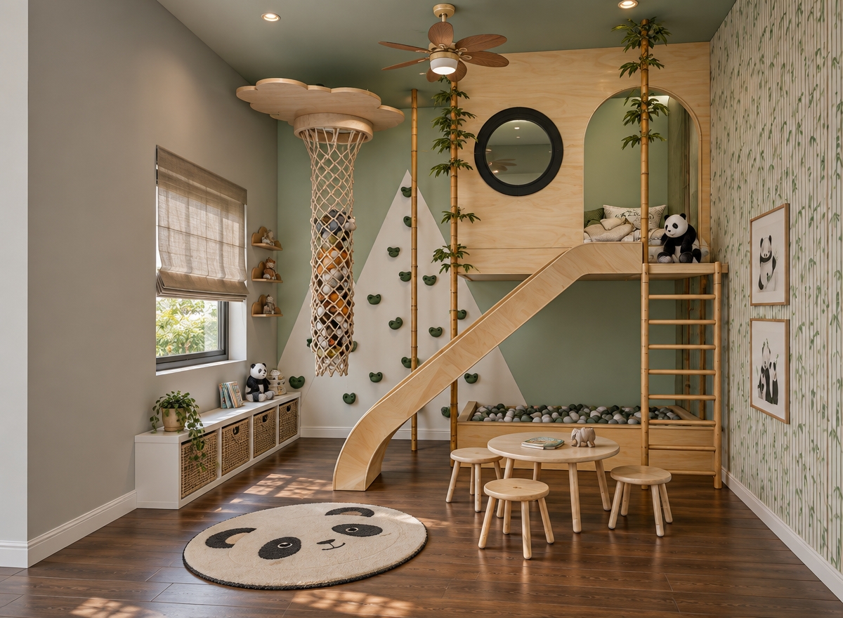 A photorealistic interior photograph of this children's playroom under soft, natural daylight filtering through the left window, balanced with warm recessed ceiling lighting. The hanging net tube is woven from durable white cotton cord, filled with soft toys, while the vertical support poles are natural segmented bamboo with authentic fibrous texture and subtle sheen. The loft playhouse, curved slide, and ladder are crafted from smooth birch plywood with visible delicate grain and a matte protective seal. A dark hardwood floor with realistic plank seams and faint reflections supports the tactile low-pile panda rug and kid-sized wooden furniture, set against matte painted walls and a textured bamboo pattern wallpaper, captured with sharp focus, realistic depth of field, and balanced natural contrast.