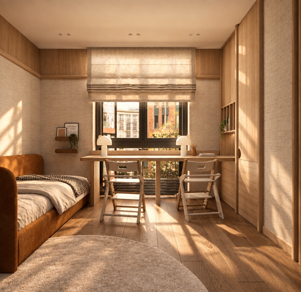 An authentic architectural photograph capturing the room illuminated by warm, low-angled afternoon sunlight streaming through the window. The golden light casts soft, elongated shadows across the wooden floorboards and desk surface, accentuating natural timber grains, tactile linen folds on the Roman shade, and the soft velvet texture of the bed. Shot with a sharp 35mm architectural perspective, the image features balanced natural exposure, delicate ambient bounce light, realistic dust motes in the sunbeams, subtle lens vignetting, and fine film grain to eliminate any synthetic appearance while preserving the exact composition and materials.