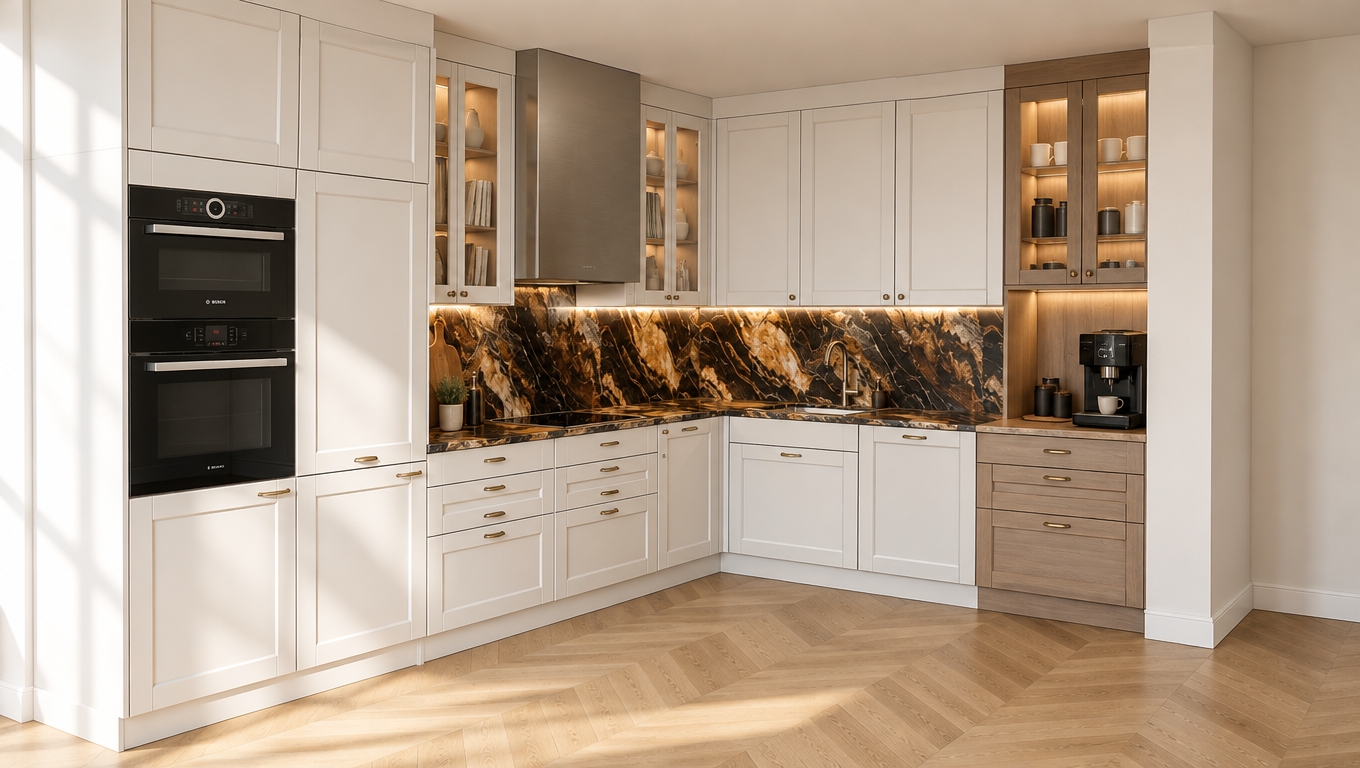 An incredibly lifelike, richly detailed, photorealistic interior shot of a sophisticated kitchen set in a bright, Scandinavian sanctuary. The scene is illuminated by soft, natural midday light streaming in from the left, casting gentle shadows across the space and creating a serene, airy atmosphere. Captured with a 35mm lens, the focus is on the striking contrast between the crisp, matte-white shaker cabinetry reaching floor-to-ceiling and the dramatic, honey-and-obsidian veined marble backsplash that glows under the warm, integrated LED strips tucked beneath the upper cabinets. The herringbone oak flooring adds a sense of organic warmth, grounding the sleek kitchen design. In the glass-fronted vitrines near the brushed-steel range hood, carefully curated ceramic vases and artisanal cookbooks catch the light, while the dedicated coffee station to the right features a collection of delicate porcelain cups and matte-black canisters, all softly illuminated by a warm, ambient glow from within the cabinetry. The composition emphasizes the seamless transition between the functional, modern Bosch appliances and the timeless, refined aesthetic of the kitchen, resulting in a perfectly balanced, high-end living environment.
