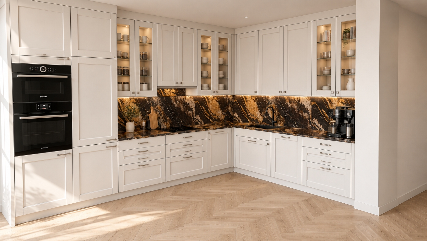 An incredibly lifelike, richly detailed, photorealistic interior shot of a sophisticated L-shaped kitchen set in a bright, Scandinavian sanctuary. The scene is illuminated by soft, natural midday light streaming in from the left, creating a clean, serene atmosphere complemented by warm under-cabinet LED strips that highlight the dramatic, high-contrast gold and black marble of the backsplash. Captured with a 35mm lens, the focus emphasizes the interplay between the matte white Shaker cabinetry, which reaches seamlessly to the ceiling, and the intricate grain of the light oak herringbone floor. Within the glass-fronted cabinets, a curated selection of artisanal ceramics, neatly stacked coffee canisters, and delicate porcelain cups are softly backlit, adding layers of depth and texture. The composition balances the sleek functionality of the integrated black appliances with a cozy, domestic charm, rendering the space as a perfect, airy retreat.