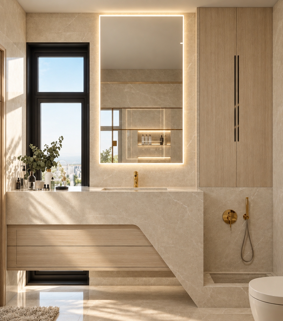 An architectural photograph of the beige bathroom interior, shot on a full-frame camera with natural perspective. The scene is illuminated by warm daylight streaming from the window, blending seamlessly with the soft 3000K glow from the backlit mirror to create an inviting atmosphere. Warm cream and beige stone surfaces exhibit tactile micro-textures, complemented by light oak grain and softly gleaming gold fixtures. Subtle ambient occlusion, natural glass reflections, gentle shadow falloff, and delicate sensor grain lend authentic photographic realism while preserving the exact layout and geometry.