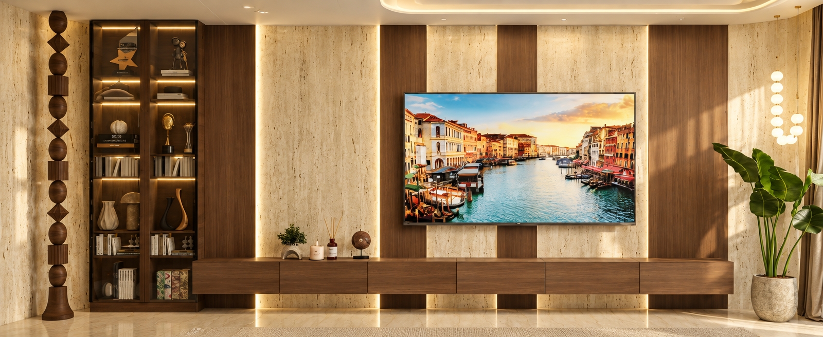 A professionally captured interior photograph of this exact living room setup, bathed in a cohesive warm aesthetic with creamy beige tones, 2700K ambient illumination, and gentle daylight filtering from the side. Emphasize the authentic textures of the porous beige travertine wall panels, the natural matte grain of the walnut wood slats and floating lowboard, and crisp linear LED strip lighting casting soft gradients. The TV screen displays a vibrant image of Venice with realistic micro-reflections across its semi-gloss panel. Render the glass cabinet with subtle environmental reflections, the potted plant leaves with natural translucency, and the polished floor with faint specular highlights, captured on a sharp 35mm architectural lens with balanced exposure and fine filmic grain.