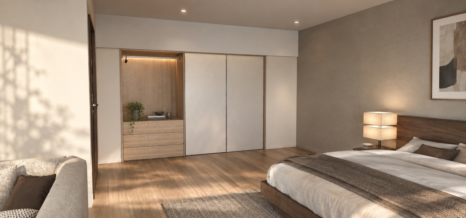 The photo captures a meticulously designed interior space, blending elements of *Mid-Century Modern* aesthetics with a keen focus on practical, almost *mudroom-inspired*, integrated storage. The scene depicts a bedroom or a versatile living area, characterized by clean lines, warm wood tones, and a serene, uncluttered atmosphere.

Dominating the far wall is a sophisticated built-in wardrobe unit that extends nearly to the ceiling. Its left section features an open, recessed compartment in a light, natural wood grain, complete with a minimalist hanging rod and three substantial drawers below, each adorned with subtle, horizontal metal pull handles. This segment, with its visible hanging space and accessible drawers, offers a streamlined approach to daily organization, subtly referencing the functional efficiency seen in a well-designed mudroom. Adjacent to this, two expansive sliding doors, finished in a smooth, matte off-white or light grey, provide seamless concealment for additional storage, reinforcing the room's minimalist appeal.

The walls are painted in a gentle off-white around the wardrobe, transitioning to a calming taupe or light grey on the right, providing a neutral backdrop for the architectural elements. The floor is covered in wide, dark brown wooden planks, which ground the space with their rich, earthy tone. In the foreground on the right, a contemporary platform bed features a prominent headboard crafted from a warm, medium brown wood with a distinct grain, exuding a touch of natural elegance characteristic of *Mid-Century Modern* design. The bed is dressed with crisp white linens and a soft, taupe-colored throw, accompanied by two matching accent pillows. A stylish bedside lamp with two stacked, rectangular cream-colored shades sits on a discreet nightstand, its geometric form further echoing the mid-century influence. On the far left, the textured arm and a plush, dark brown pillow of a sofa are partially visible, hinting at a comfortable lounge area just beyond the frame. The overall composition highlights a balance between sophisticated design and highly functional living.