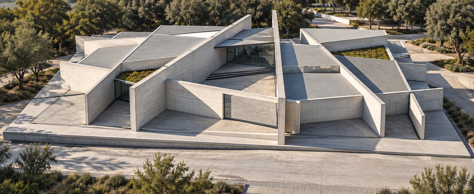 A sharp architectural photograph of the deconstructivist cultural center under bright afternoon sunlight, captured from the exact elevated perspective with a clean architectural lens. The intersecting angular walls are finished in smooth, porous off-white cast concrete, catching high-contrast natural light and casting crisp, dramatic geometric shadows across the surfaces. The faceted roof planes feature matte light-gray finishes, while the recessed vertical openings reveal architectural glass with subtle reflections and the enclosed cutouts contain textured green-roof vegetation. Balanced exposure, warm sunlit highlights, cool sky-fill shadows, and fine realistic surface textures ground the structure as a real, built building.