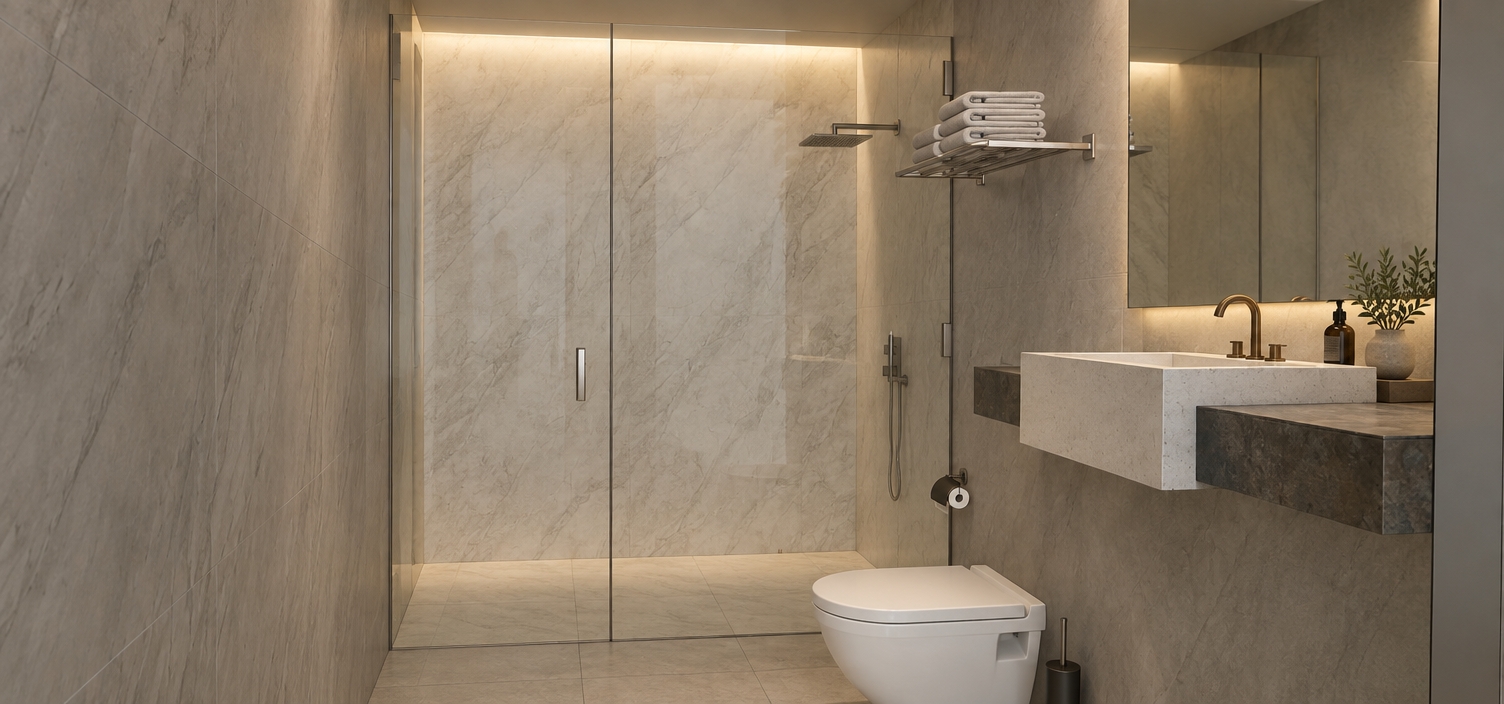 The photo captures a serene and meticulously designed bathroom interior, presenting a refined interpretation of mid-century modern aesthetics through its clean lines, functional design, and use of natural-inspired materials. The walls are clad in large format, light grey marble-effect tiles with subtle, elegant veining, creating a smooth and expansive surface that evokes a sense of tranquility. To the left, a spacious walk-in shower is enclosed by clear, frameless glass panels, emphasizing an open and airy feel. Inside the shower, a rain shower head and a handheld shower attachment, both in a sleek chrome finish, are visible against the lighter, perhaps white marble-like tiling that lines the shower interior, suggesting a subtle material contrast.

On the right side of the frame, a striking floating vanity anchors the space, featuring a crisp white rectangular basin set against a robust, dark-toned counter, possibly a rough-hewn concrete or a heavily veined dark stone, which adds a tactile contrast to the otherwise smooth surfaces. A graceful, arching brass faucet with matching controls rises from the counter, introducing a warm metallic accent to the cool grey palette. Above the vanity, a large, dark grey wall panel serves as a backdrop, likely indicating a built-in mirror that is integrated seamlessly into the wall. Below the vanity, a modern, wall-mounted toilet with a streamlined silhouette conserves floor space, paired with a discreet black toilet brush holder beside it. Higher on the wall, a wall-mounted brass towel rack holds neatly folded white towels, further enhancing the sense of order and sophisticated utility. The flooring appears to be composed of large, rectangular grey tiles that complement the wall coverings without competing for attention. The overall composition is balanced and uncluttered, with architectural elements carefully chosen for their functionality and minimalist form, creating a luxurious yet understated atmosphere.