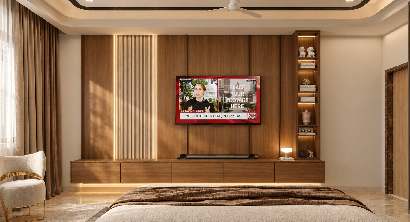 An interior architectural photograph of the bedroom scene bathed in soft, warm-toned illumination with a rich beige palette. The ambient lighting is warm and inviting, highlighted by the glowing 3000K vertical LED accent and under-cabinet strip casting gentle gradients across the natural wood grain and fluted panels. Daylight softly filters through the heavy beige drapes on the left, blending with the interior light to create subtle, realistic shadows. Textures appear tactile and authentic, from the woven linen throw blanket on the bed to the matte wood surfaces, captured with balanced exposure, natural dynamic range, and faint photographic grain.