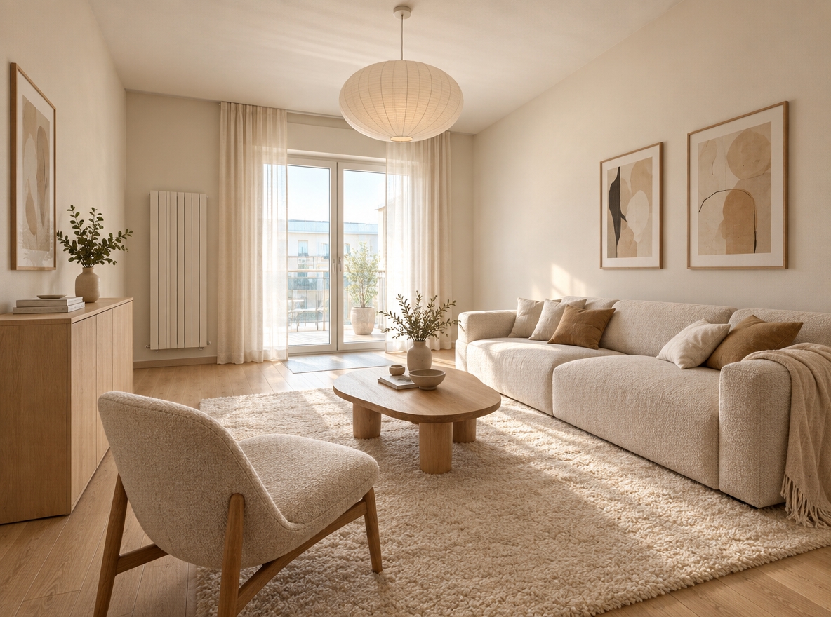 An incredibly lifelike, richly detailed, photorealistic wide-angle interior shot of a living room reimagined as a serene Scandinavian sanctuary set in a bright urban apartment. The scene is illuminated by soft, diffused afternoon sunlight streaming through the balcony door, creating a calming, airy, and inviting hygge atmosphere. Captured with a professional full-frame camera and a 24mm tilt-shift lens, emphasizing the organic grain of blonde wood, plush tactile textiles, and smooth matte plaster walls.

Preserving the original spatial layout and footprint, the outdated mottled tile floor has been elevated with wide-plank, light European oak overlaid by a thick, cream-toned high-pile wool rug. Along the expansive right wall sits a tailored, low-profile sofa upholstered in warm oatmeal bouclé, complemented by an asymmetrical solid oak coffee table and an organic linen armchair. The old shutter box and balcony doors have been transformed into sleek, floor-to-ceiling glass patio doors framed by flowing, semi-sheer ivory linen drapes that effortlessly diffuse the outside terrace view. The outdated radiator is replaced with a streamlined, minimalist matte-white vertical radiator, while the exposed ceiling fixture is swapped for an ethereal, sculptured washi-paper pendant light, perfectly completing this harmonious, uncluttered Nordic retreat.