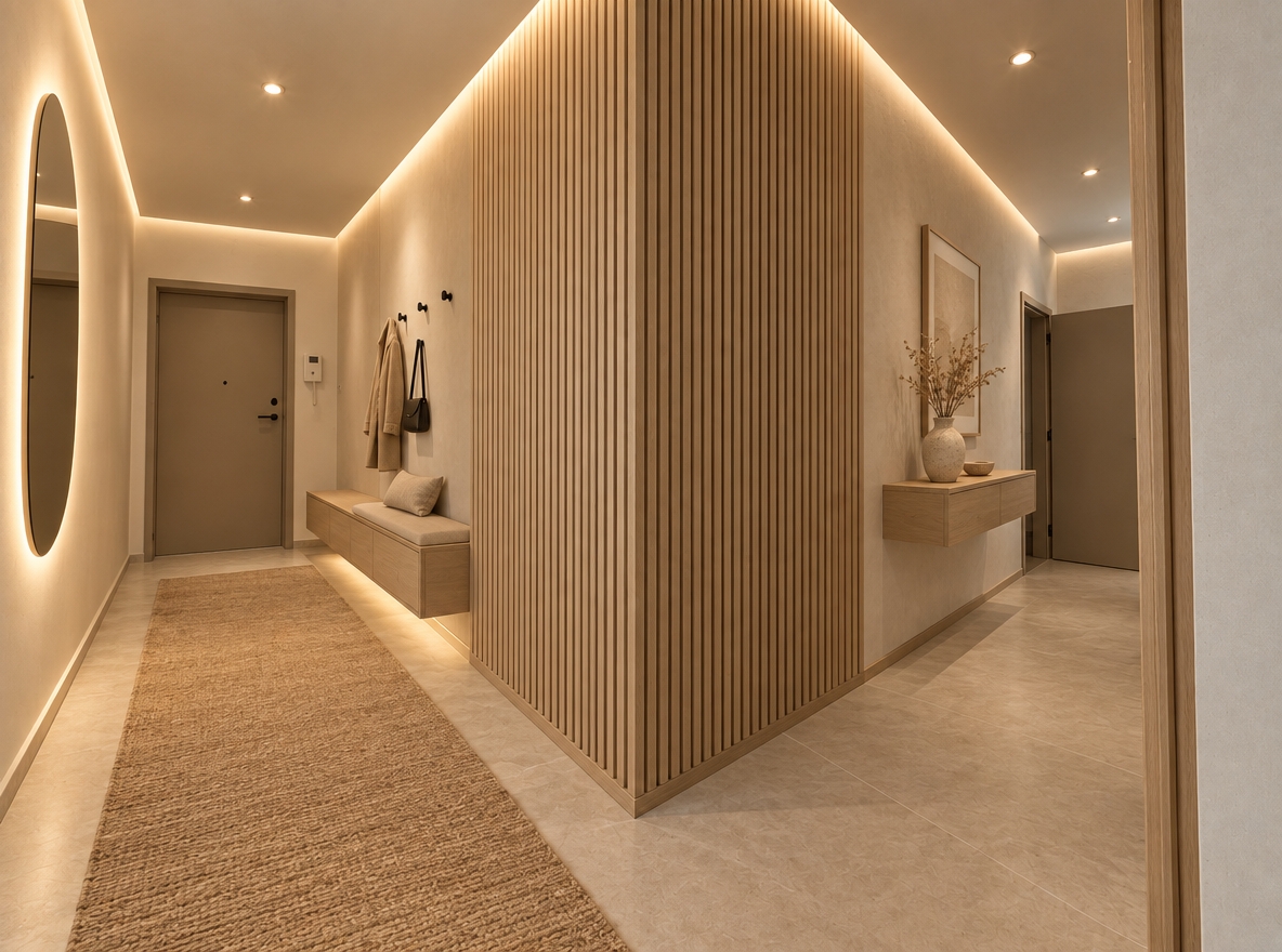 An incredibly lifelike, richly detailed, photorealistic wide-angle interior shot of a renovated Scandinavian sanctuary mudroom and entryway set in a contemporary apartment. The scene is illuminated by soft, recessed perimeter LED coves and warm, dimmable architectural spotlights, creating a tranquil, serene, and inviting atmosphere. Captured with a 24mm wide-angle tilt-shift lens on a full-frame camera, emphasizing the organic grain of white oak, subtle plaster textures, and velvety matte finishes.

Retaining the existing architectural footprint, the dated tiles are replaced by seamless, honed beige limestone large-format slabs complemented by a textured natural jute runner. The central corner is transformed into an architectural statement wrapped in warm, vertical white-oak acoustic slats that soften the transition between corridors. Along the left wall, the space functions as an elevated mudroom featuring a sleek, floating white-oak bench with integrated concealed shoe storage, minimalist matte-black wall pegs, and a large, organically shaped backlit mirror that visually expands the foyer. The original entryway door is upgraded to a flush-mount, solid matte-taupe door with sleek black hardware, while the right corridor reveals a minimal floating console table adorned with a handmade wabi-sabi ceramic vase and dried botanical stems, culminating in a balanced, highly functional, and restorative threshold.