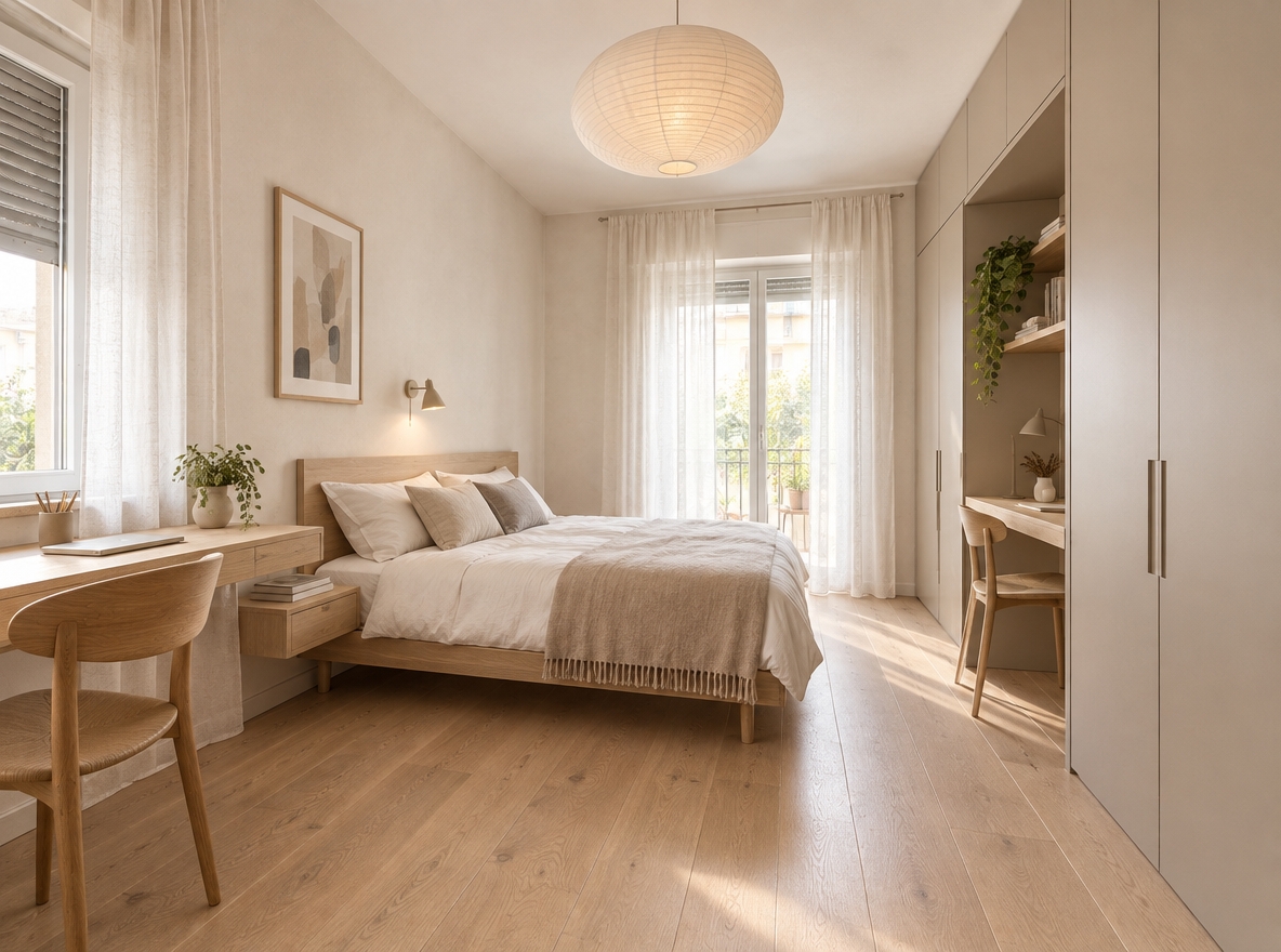 An incredibly lifelike, richly detailed, photorealistic wide-angle interior photograph of a modern bedroom reimagined as a serene Scandinavian sanctuary set in a sunlit European apartment. The scene is illuminated by gentle, diffused morning light filtering through gauzy white linen curtains framing the balcony door and window, creating an effortlessly serene and airy atmosphere. Captured with a 24mm f/8 lens on a full-frame camera, emphasizing the natural textures of blonde oak, woven wool, and smooth matte surfaces. 

Preserving the room’s exact proportions and layout, the space is thoroughly refreshed with wide-plank pale oak floors replacing the old tiling and walls finished in a soft, breathable chalky off-white limewash. In place of the dated finishes, a low-profile platform bed crafted from solid ash wood takes center stage, dressed in relaxed oatmeal and crisp white layered linens. To the left, a sleek, minimalist floating oak work desk with tapered legs pairs with an ergonomic molded wooden chair beneath the restored window. Along the right wall, the bulky furniture is replaced with seamless, floor-to-ceiling flat-panel wardrobes in a warm matte-greige finish with recessed finger pulls, paired with an integrated compact study nook. Replacing the bare ceiling bulb, a sculptural washi-paper pendant light casts a warm, ethereal glow, creating a tranquil, functional, and decluttered haven grounded in timeless Nordic minimalism.