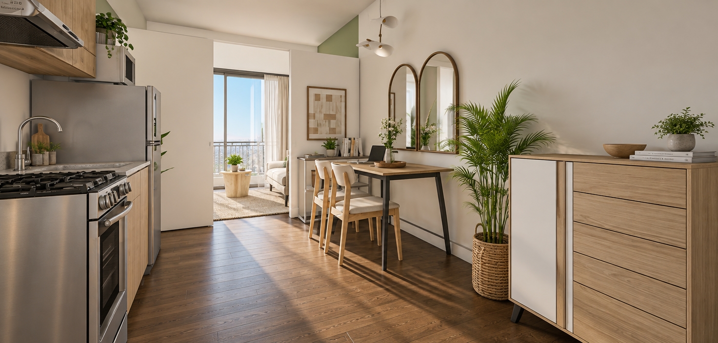 A crisp, photorealistic architectural photograph capturing the exact scene under soft, natural daylight entering from the balcony window. All surfaces feature true-to-life physical materials, including realistic dark wood plank flooring, smooth matte plaster walls, and brushed stainless steel kitchen appliances with authentic metallic sheen. The light wood cabinetry, woven rattan planter basket, and lush potted palm display tactile organic textures and delicate contact shadows, while the arched mirrors softly catch diffused ambient light. Captured with a balanced wide-angle architectural lens at f/8, showcasing natural light falloff, sharp micro-textures, and clean dynamic range without digital outlines.