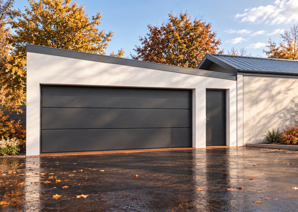 An incredibly lifelike, richly detailed, photorealistic eye-level exterior shot of a modern fusion fitness gym set in a serene, autumnal urban landscape. The scene is illuminated by the crisp, golden light of midday, creating a dynamic and aspirational atmosphere. Captured with a 35mm lens, emphasizing the interplay between smooth, matte-white architectural concrete and the sleek, industrial charcoal-grey finishes of the garage-style entry doors.

The facade exudes a contemporary, geometric elegance, featuring clean lines and a bold, open-concept transition between the gym’s expansive access point and a secondary steel-framed pedestrian entrance. Warm wooden accents subtlely frame the base, providing a refined contrast to the cool metallic surfaces. Lush, vibrant autumn foliage frames the structure, with hints of gold and russet leaves softening the minimalist profile. The composition focuses on the seamless integration of form and function, where the polished, dark driveway leads the eye directly into the inviting, high-performance space beyond, perfectly embodying a sophisticated, urban fitness retreat.