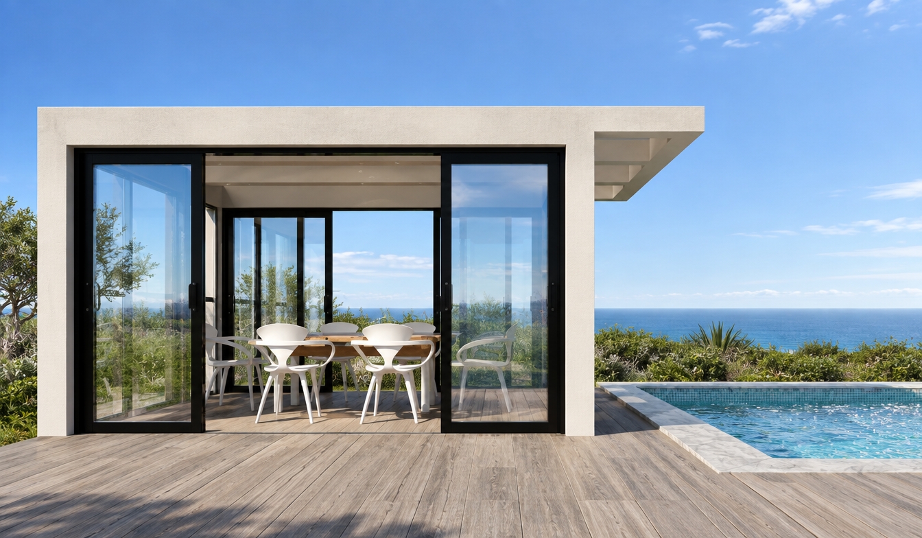 An incredibly lifelike, richly detailed, photorealistic eye-level shot of a sleek, minimalist pool house pavilion set in a sun-drenched coastal garden. The scene is illuminated by crisp, overhead midday summer sunlight, creating a bright, serene, and sophisticated atmosphere. Captured with a 35mm wide-angle lens, emphasizing the sharp contrast between the smooth, matte cream-colored structural frame and the high-gloss black aluminum sliding door systems. The interior dining space features refined, molded white chairs arranged around a warm timber table, all resting upon premium, weathered-gray composite decking that flows seamlessly toward a glistening, tiled infinity-edge pool. Deep, precise shadows ground the architecture, while the expansive floor-to-ceiling glazing offers a crystal-clear transparency that captures subtle reflections of the vibrant blue sky, highlighting the effortless transition between indoor comfort and outdoor luxury living.